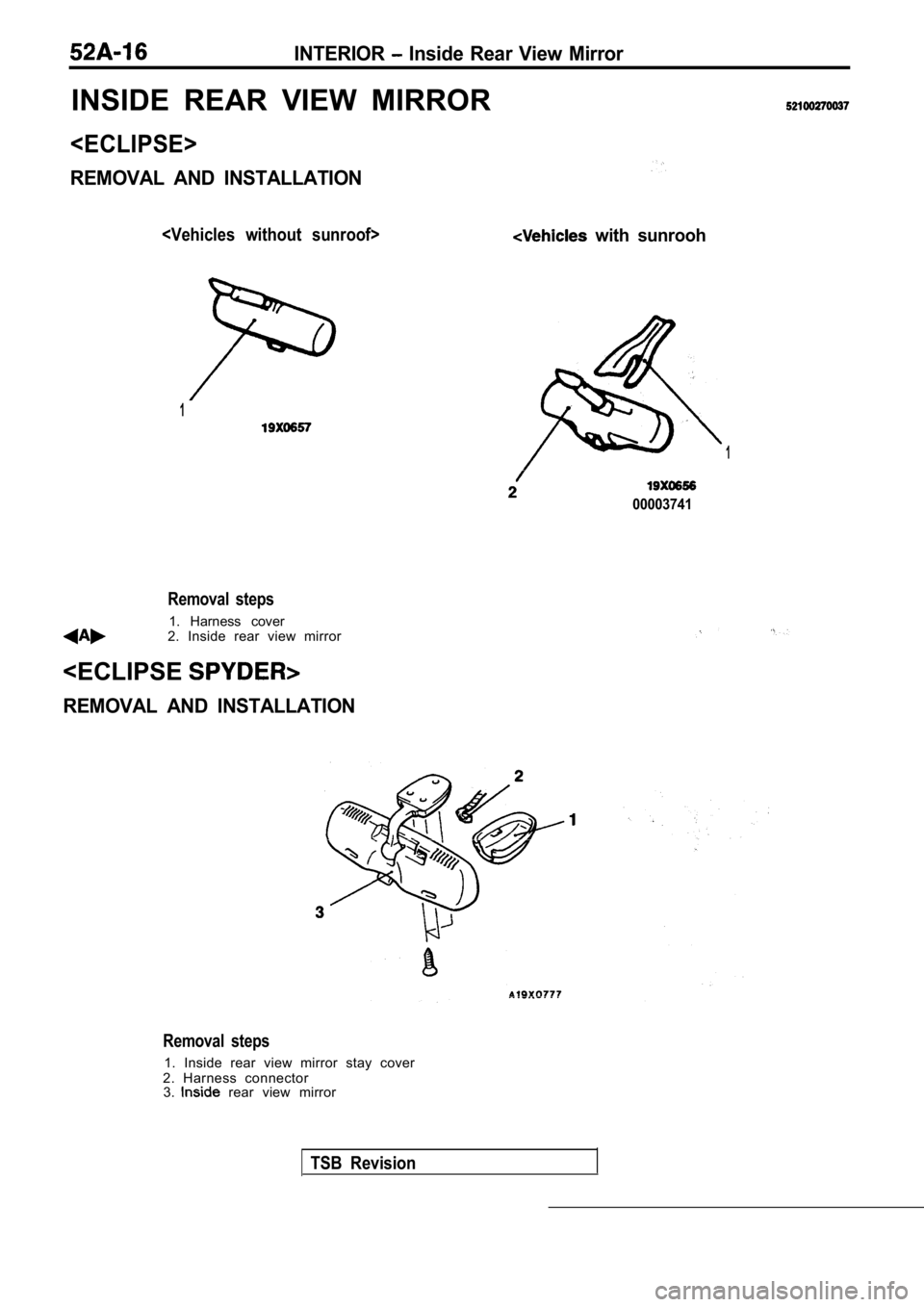 MITSUBISHI SPYDER 1990  Service Repair Manual INTERIOR  Inside  Rear  View  Mirror
INSIDE  REAR  VIEW  MIRROR
<ECLIPSE>
REMOVAL  AND  INSTALLATION
<Vehicles  without  sunroof>  with  sunrooh
1
1
00003741
Removal  steps
1.  Harness  cover
2.  Insi
