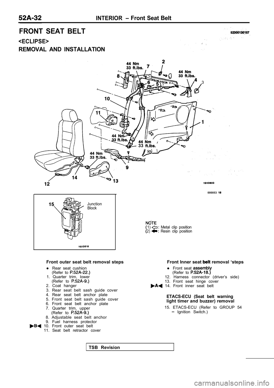 MITSUBISHI SPYDER 1990  Service Repair Manual INTERIOR Front Seat Belt
FRONT  SEAT  BELT
<ECLIPSE>
REMOVAL  AND  INSTALLATION
3
  33 
000053
JunctionBlock
1)  Metal  clip  position2)  Resin  clip  position
Front  outer  seat  belt  removal  steps
