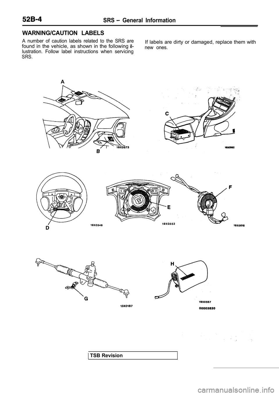 MITSUBISHI SPYDER 1990  Service Repair Manual SRS  General  Information
WARNING/CAUTION  LABELS
A  number  of  caution  labels  related  to  the  SRS  are
found  in  the  vehicle,  as  shown  in  the  following 
lustration.  Follow  label  instru