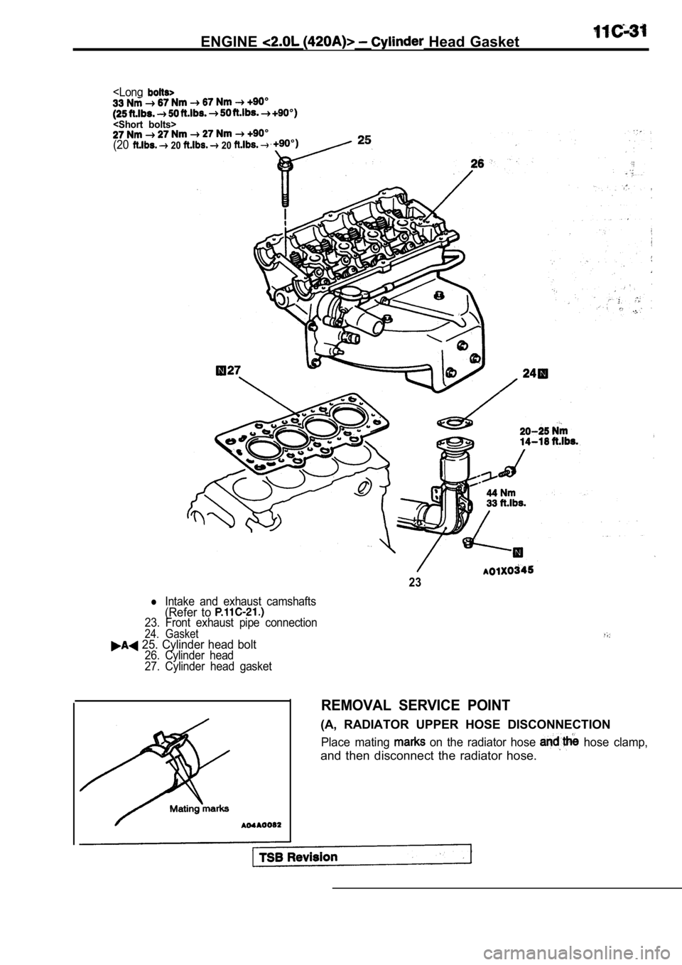 MITSUBISHI SPYDER 1990  Service Repair Manual ENGINE  Head  Gasket
<Long
<Short  bolts>
(20 20  20 
23
l Intake  and  exhaust  camshafts(Refer  to 23.  Front  exhaust  pipe  connection24.  Gasket  25.  Cylinder  head  bolt26.  Cylinder  head 
27.