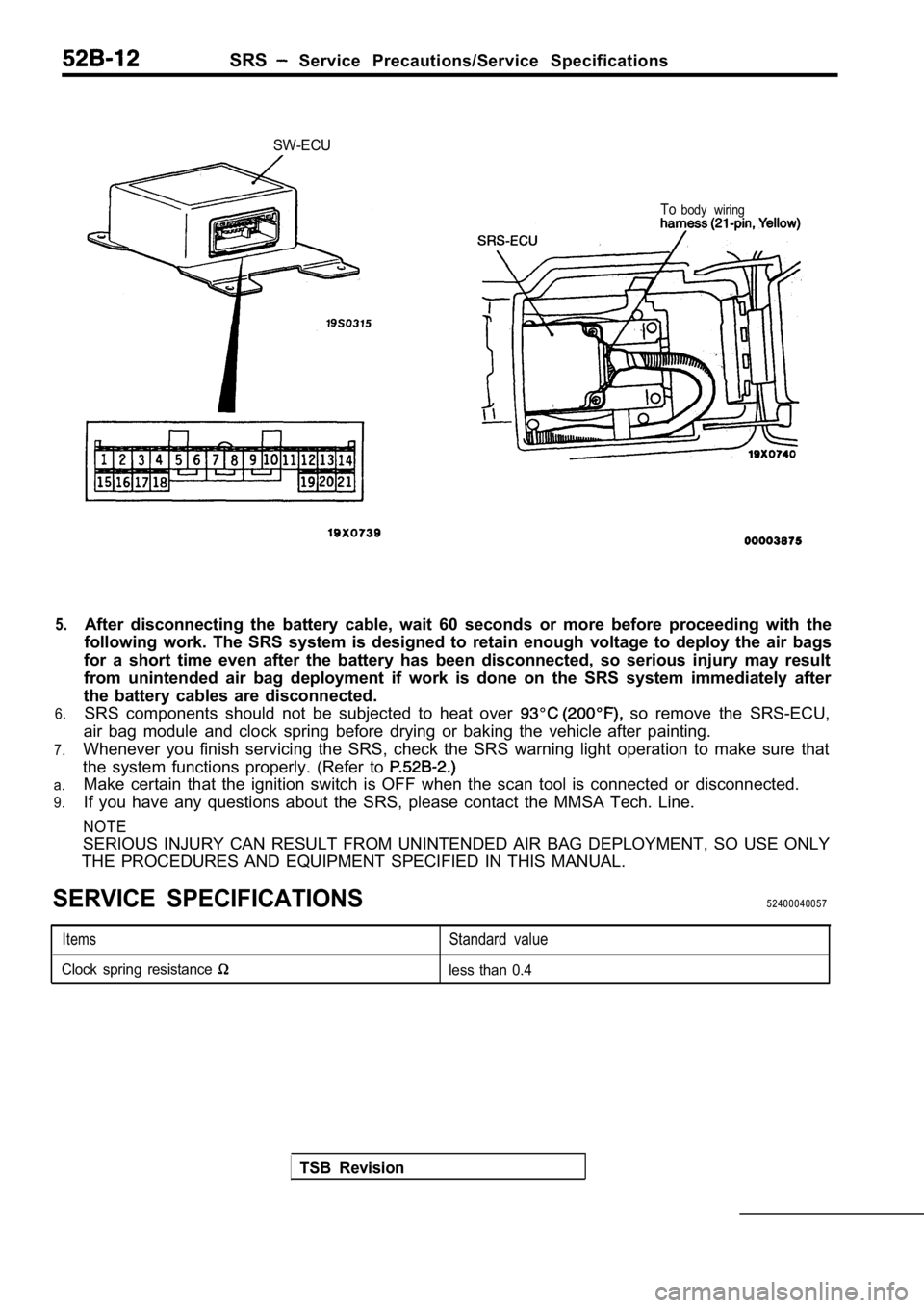 MITSUBISHI SPYDER 1990 Service Repair Manual SRS Service Precautions/Service Specifications
5.
6.
7.
a.
9.
SW-ECU
Tobody wiring
After disconnecting the battery cable, wait 60 seco nds or more before proceeding with the
followin MITSUBISHI SPYDER 1990 Service Repair Manual SRS Service Precautions/Service Specifications
5.
6.
7.
a.
9.
SW-ECU
Tobody wiring
After disconnecting the battery cable, wait 60 seco nds or more before proceeding with the
followin