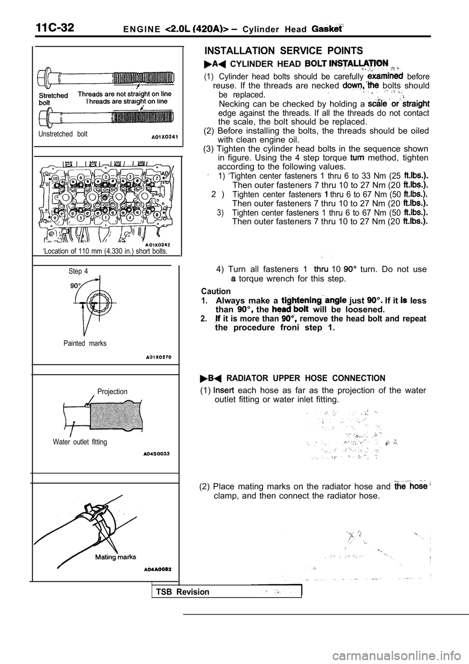 MITSUBISHI SPYDER 1990  Service Repair Manual E N G I N E  Cylinder  Head 
Unstretched  bolt
‘Location  of  110  mm  (4.330  in.)  short  bolts.Step  4
Painted  marks
  Projection
Water  outlet  fitting
INSTALLATION  SERVICE  POINTS
  CYLINDER 