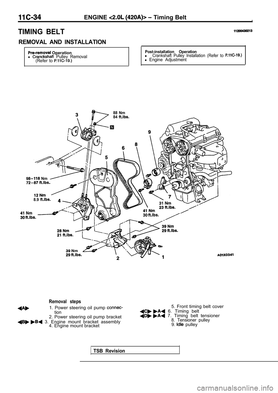 MITSUBISHI SPYDER 1990  Service Repair Manual ENGINE Timing Belt.
TIMING  BELT
REMOVAL  AND  INSTALLATION
 Operationl   Pulley  Removal
(Refer  to 
Post-installation  OperationlCrankshaft  Pulley  Installation  (Refer  to l Engine  Adjustment
88 
