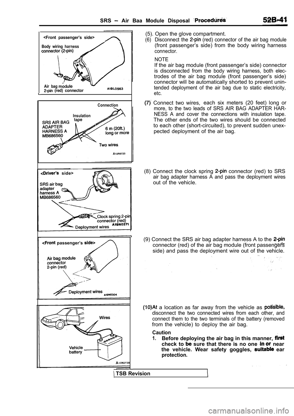 MITSUBISHI SPYDER 1990  Service Repair Manual SRS  Air  Baa  Module  Disposal 
<Front  passenger’s  side>
Body  wiring  harness
Air  bag  (red)  connector
Connection
Insulation
  side>
  passenger’s 
 TSB Revision (5). Open the glove compartm