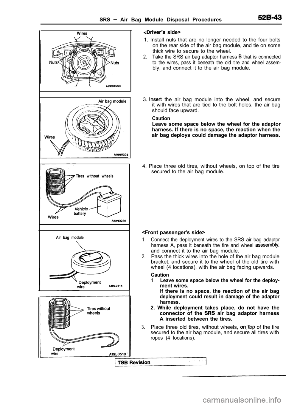 MITSUBISHI SPYDER 1990  Service Repair Manual SRS  Air  Bag  Module  Disposal  Procedures
Wires
Air  bag  module
Tires  without  wheels
battery
Air  bag  module
wire
  side>
1.  Install  nuts  that  are  no  longer  needed  to  the  fo ur  bolts
