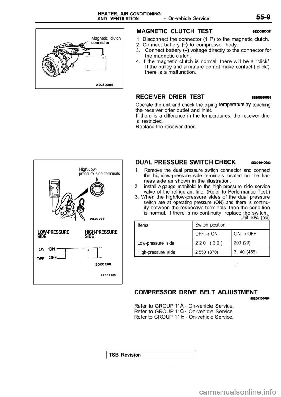 MITSUBISHI SPYDER 1990  Service Repair Manual HEATER,  AIR 
AND  VENTILATION  On-vehicle  Service
Magnetic  clutch
High/Low-
pressure  side  terminals
LOW-PRESSURE HIGH-PRESSURESIDESIDE
0 0 0 0 0 1 6 9
MAGNETIC  CLUTCH  TEST
1.  Disconnect  the  