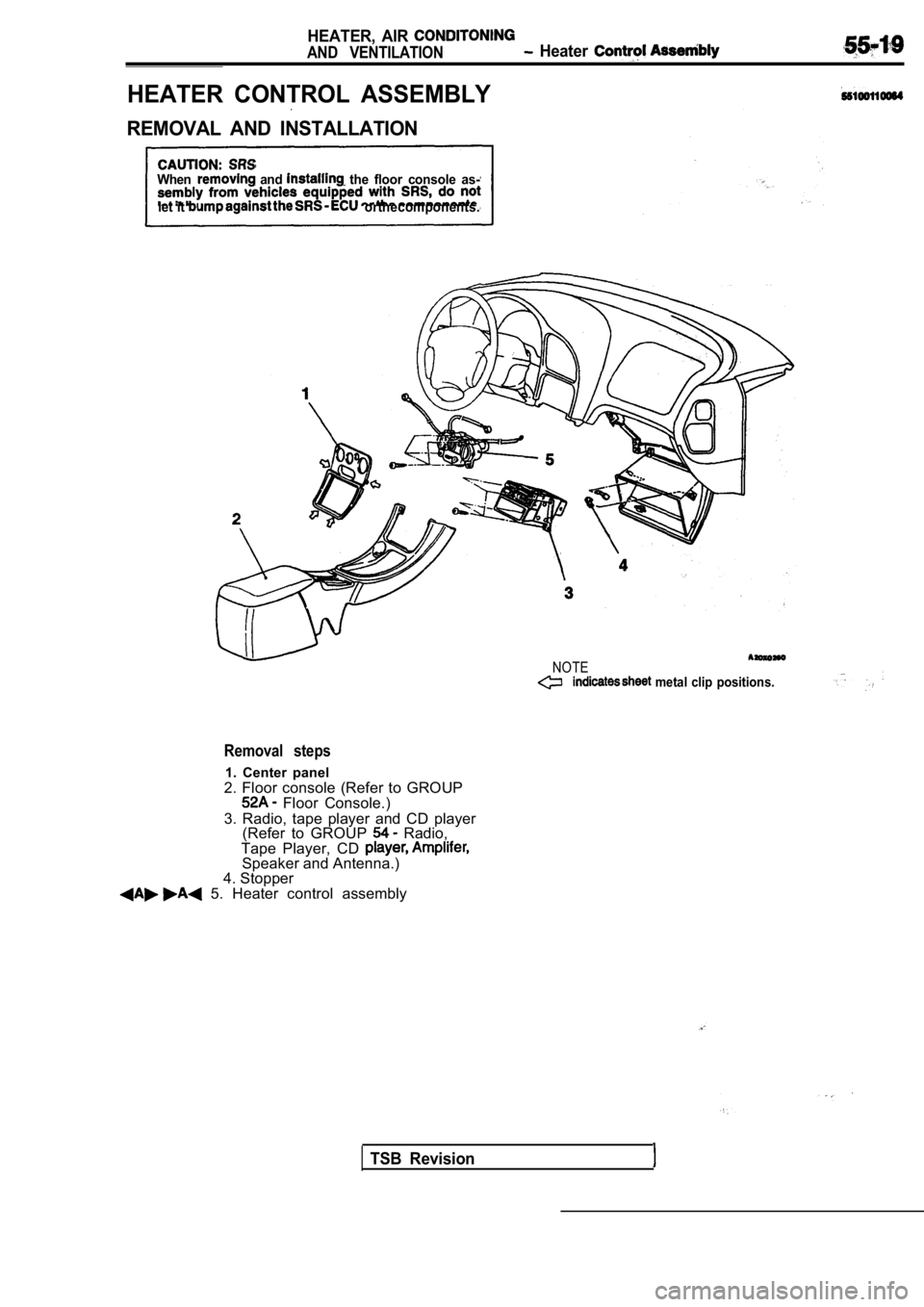 MITSUBISHI SPYDER 1990  Service Repair Manual HEATER,  AIR 
AND  VENTILATION  Heater 
HEATER  CONTROL  ASSEMBLY
REMOVAL  AND  INSTALLATION
When  and   the  floor  console  as-
let  it 
  orthecomponents.
NOTE  metal  clip  positions.
Removal  ste