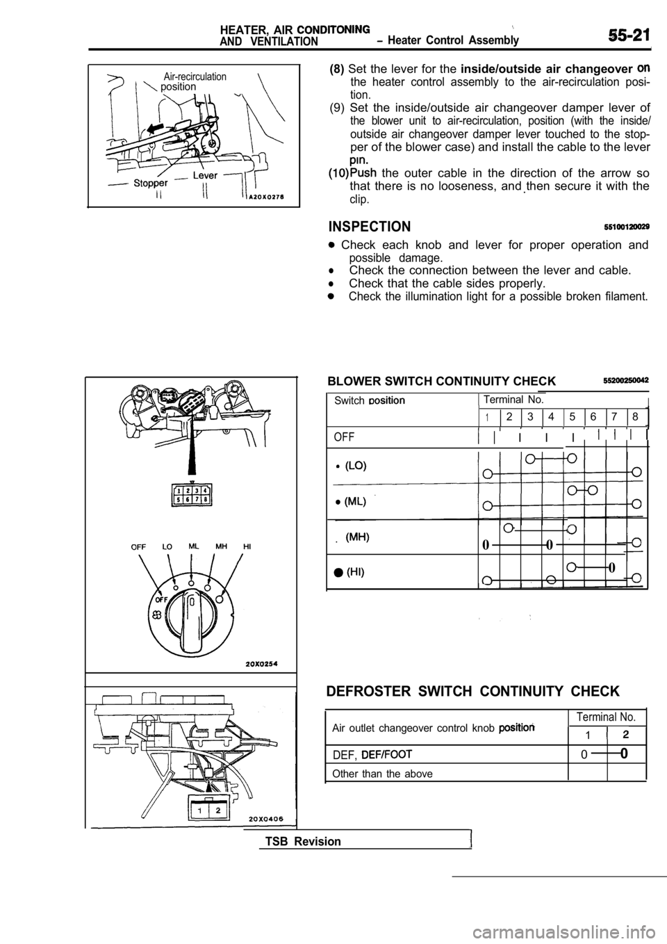 MITSUBISHI SPYDER 1990  Service Repair Manual Air-recirculation position
HEATER,  AIR 
AND  VENTILATION  Heater  Control  Assembly
(8)Set the lever for the  inside/outside  air  changeover 
the  heater  control  assembly  to  the  air-recirculati