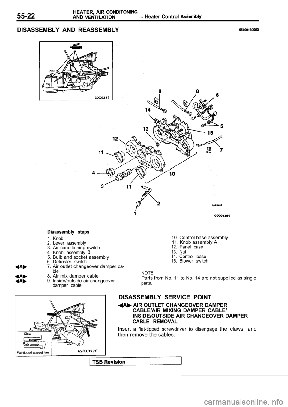 MITSUBISHI SPYDER 1990  Service Repair Manual 55-22HEATER,  AIR 
AND  Heater  Control 
DISASSEMBLY  AND  REASSEMBLY
damper  cable
Disassembly  steps
1.Knob2.Lever  assembly3.  Air  conditioning  switch
4.Knob  assembly5. Bulb and socket assembly6