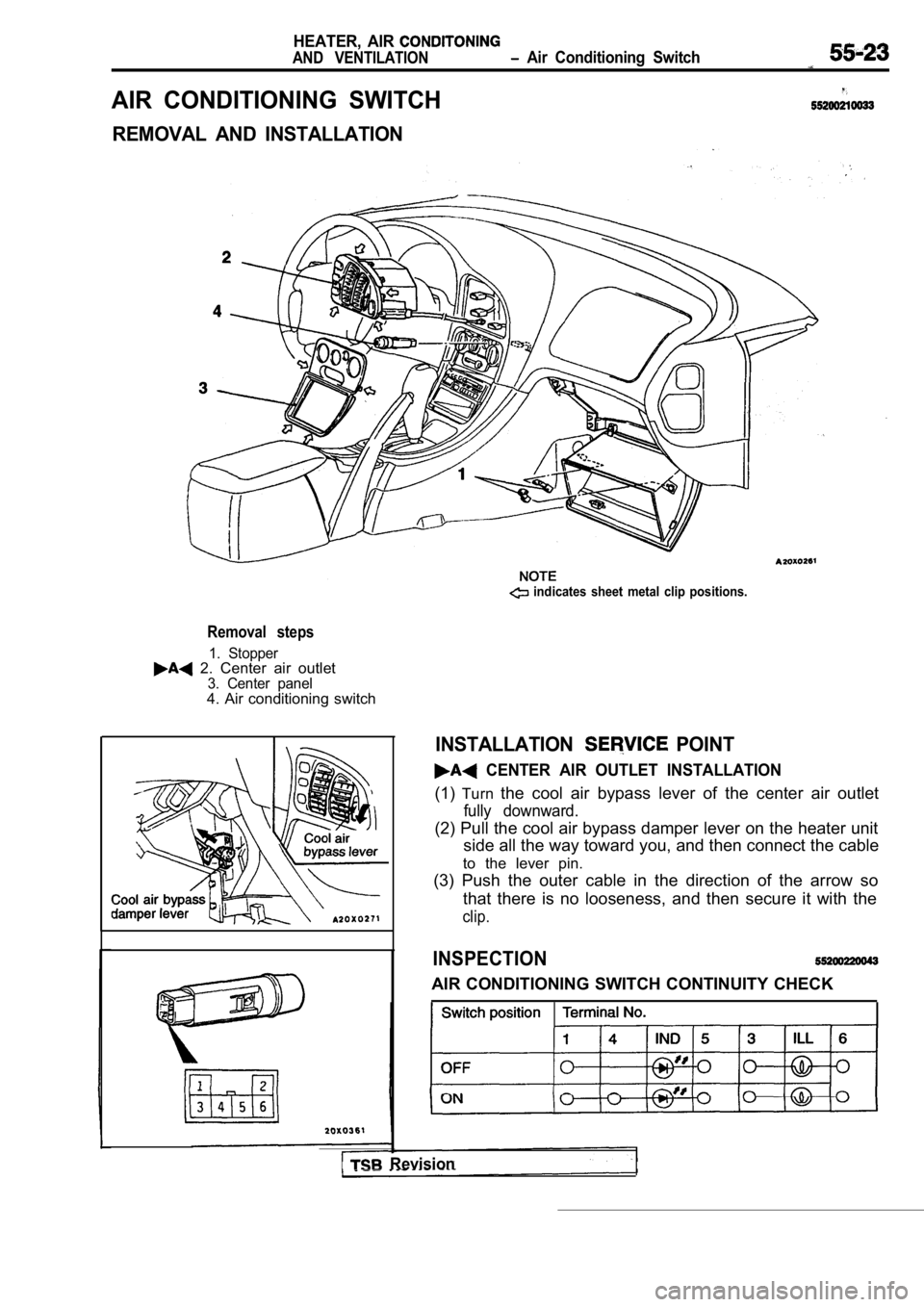 MITSUBISHI SPYDER 1990  Service Repair Manual HEATER,  AIR 
AND  VENTILATION  Air  Conditioning  Switch
AIR  CONDITIONING  SWITCH
REMOVAL  AND  INSTALLATION
Removal  steps
1.  Stopper  2.  Center  air  outlet3.  Center  panel4.  Air  conditioning
