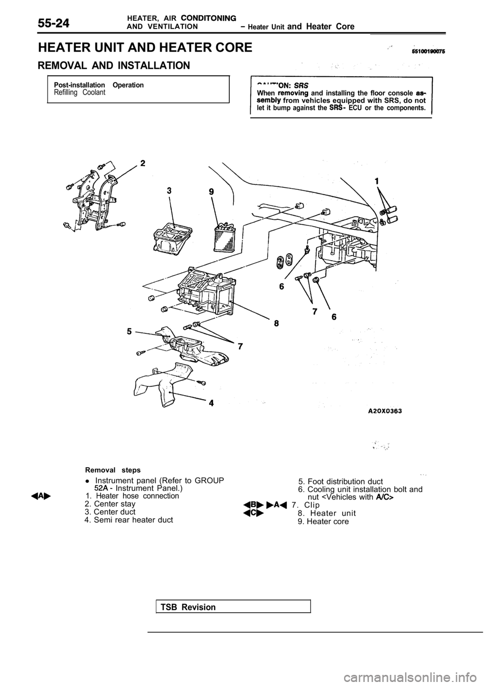 MITSUBISHI SPYDER 1990  Service Repair Manual HEATER,  AIR 
AND  VENTILATION  Heater  Unit and  Heater  Core
HEATER UNIT AND HEATER CORE
REMOVAL  AND  INSTALLATION
Post-installation  OperationRefilling  CoolantWhen  and  installing  the  floor  c
