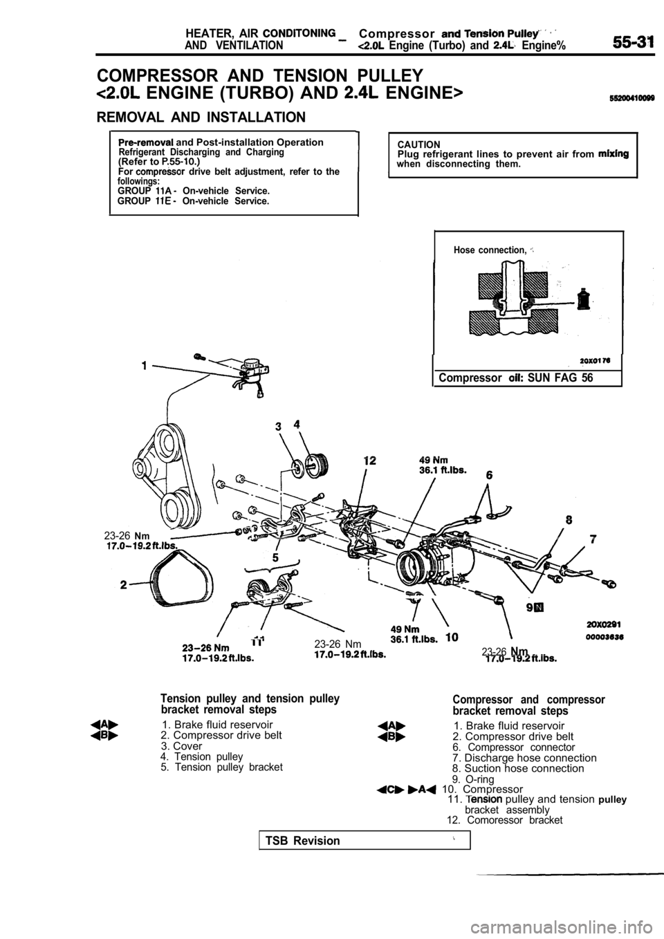 MITSUBISHI SPYDER 1990  Service Repair Manual HEATER,  AIR Compressor
AND  VENTILATION  Engine  (Turbo)  and   Engine%
COMPRESSOR  AND  TENSION  PULLEY
  ENGINE  (TURBO)  AND   ENGINE>
REMOVAL  AND  INSTALLATION
 and Post-installation OperationRe