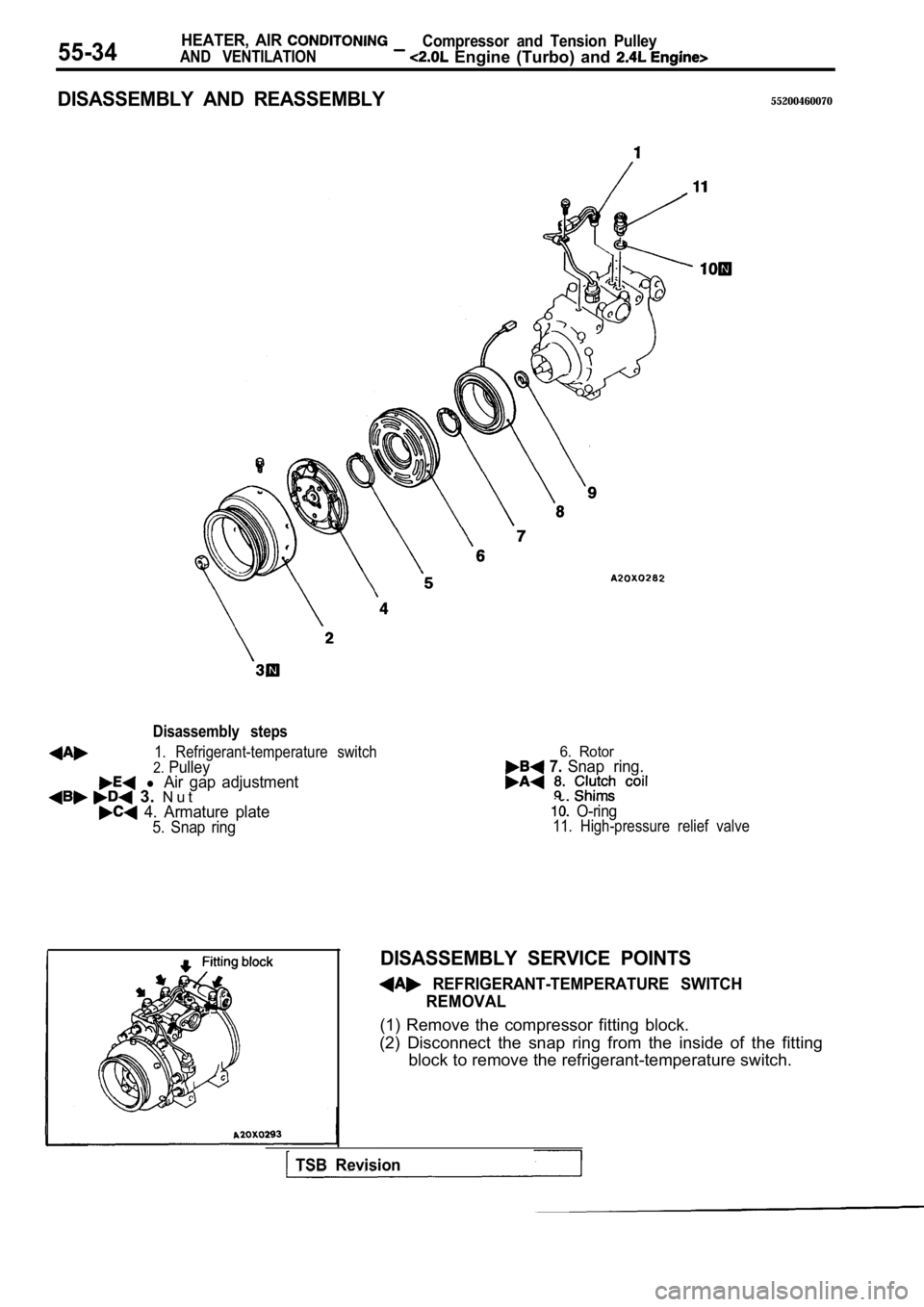 MITSUBISHI SPYDER 1990  Service Repair Manual 55-34HEATER,  AIR 
AND  VENTILATION
Compressor  and  Tension  Pulley
  Engine  (Turbo)  and 
DISASSEMBLY  AND  REASSEMBLY55200460070
Disassembly  steps
1.  Refrigerant-temperature  switch2.Pulley  l A