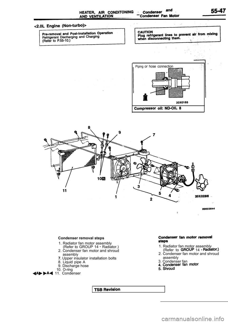 MITSUBISHI SPYDER 1990  Service Repair Manual Pipingor  hose  connection
Condenser removal steps1. Radiator fan motor assembly (Refer  to  GROUP  14 
  Radiator.)
2. Condenser fan motor and shroud
assembly  Upper  insulator  installation  bolts
8