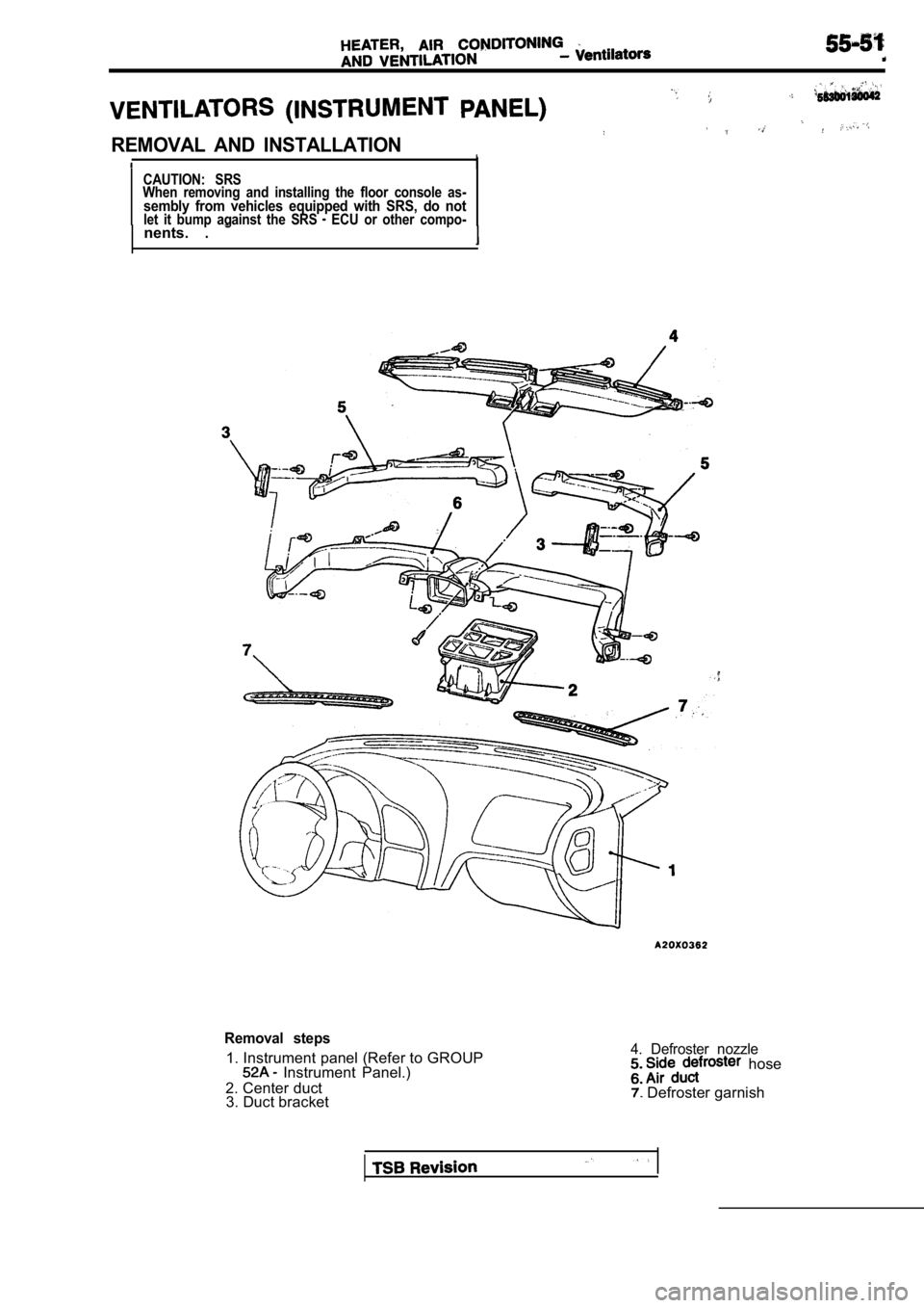 MITSUBISHI SPYDER 1990 Service Repair Manual REMOVAL AND INSTALLATION
I
CAUTION: SRS
When removing and installing the floor console as-
sembly from vehicles equipped with SRS, do notlet it bump against the SRS ECU or ot MITSUBISHI SPYDER 1990 Service Repair Manual REMOVAL AND INSTALLATION
I
CAUTION: SRS
When removing and installing the floor console as-
sembly from vehicles equipped with SRS, do notlet it bump against the SRS ECU or ot