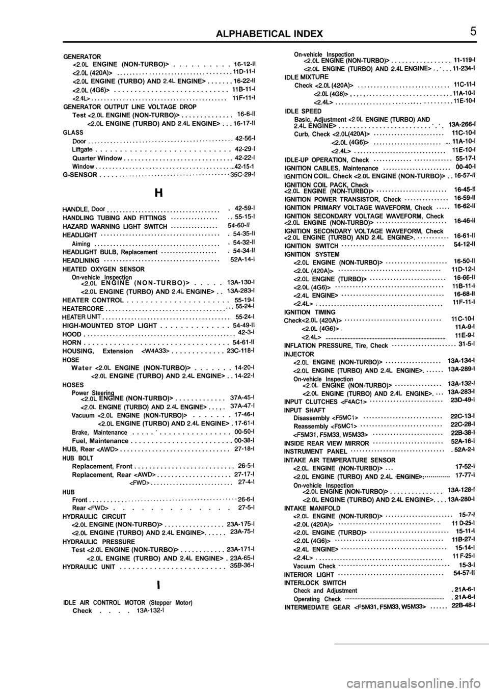 MITSUBISHI SPYDER 1990  Service Repair Manual ALPHABETICAL INDEX5
GENERATOR  ENGINE  (NON-TURBO)>  .  .  .  .  .  .  .  .  .  . . . . . . . . . .. . . . . . . . . . . . . . . . . .
  ENGINE  (TURBO)  AND  ENGINE> . . . . . . . 
.  .  .  .  .  .  