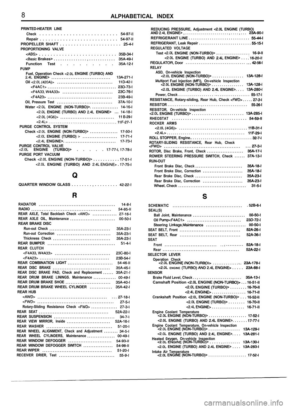 MITSUBISHI SPYDER 1990  Service Repair Manual 8ALPHABETICAL  INDEX
PRINTED-HEATER  LINE
Check.  .  .  .  .  .  .  .  .  .  .  .  .  .  .  .  .  .  .  .  .  .  .  .  .  . 
Repair  .  .  .  .  .  .  .  .  .  .  .  .  .  .  .  .  .  .  .  .  .  .  .