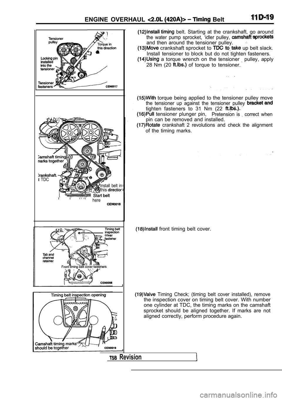 MITSUBISHI SPYDER 1990  Service Repair Manual ENGINE  OVERHAUL   Belt
  TDCInstall  belt  in
‘this
here
  belt.  Starting  at  the  crankshaft,  go  around
the  water  pump  sprocket,  ‘idler  pulley, 
and  then  around  the  tensioner  pulle