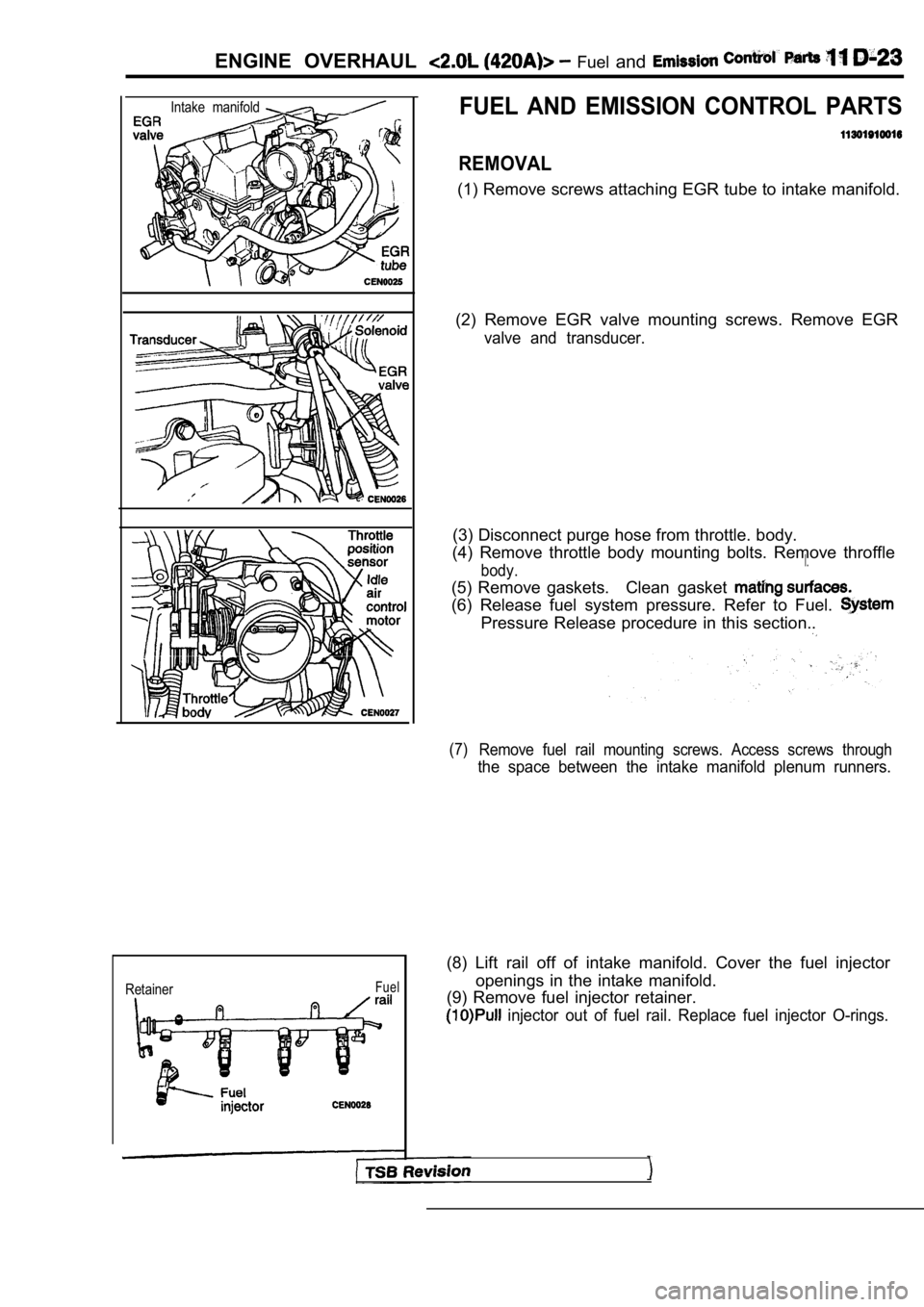 MITSUBISHI SPYDER 1990  Service Repair Manual ENGINE  OVERHAUL   Fuel and
Intake  manifoldFUEL  AND  EMISSION  CONTROL  PARTS
REMOVAL
(1) Remove screws attaching EGR tube to intake mani fold.
(2)  Remove  EGR  valve  mounting  screws.  Remove  EG