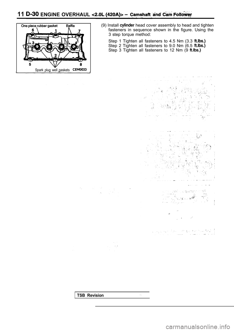 MITSUBISHI SPYDER 1990  Service Repair Manual 11  ENGINE  OVERHAUL 
(9) Install  head cover assembly to head and tighten
fasteners  in  sequence  shown  in  the  figure.  Using  th e
3  step  torque  method:
Step  1  Tighten  all  fasteners  to  