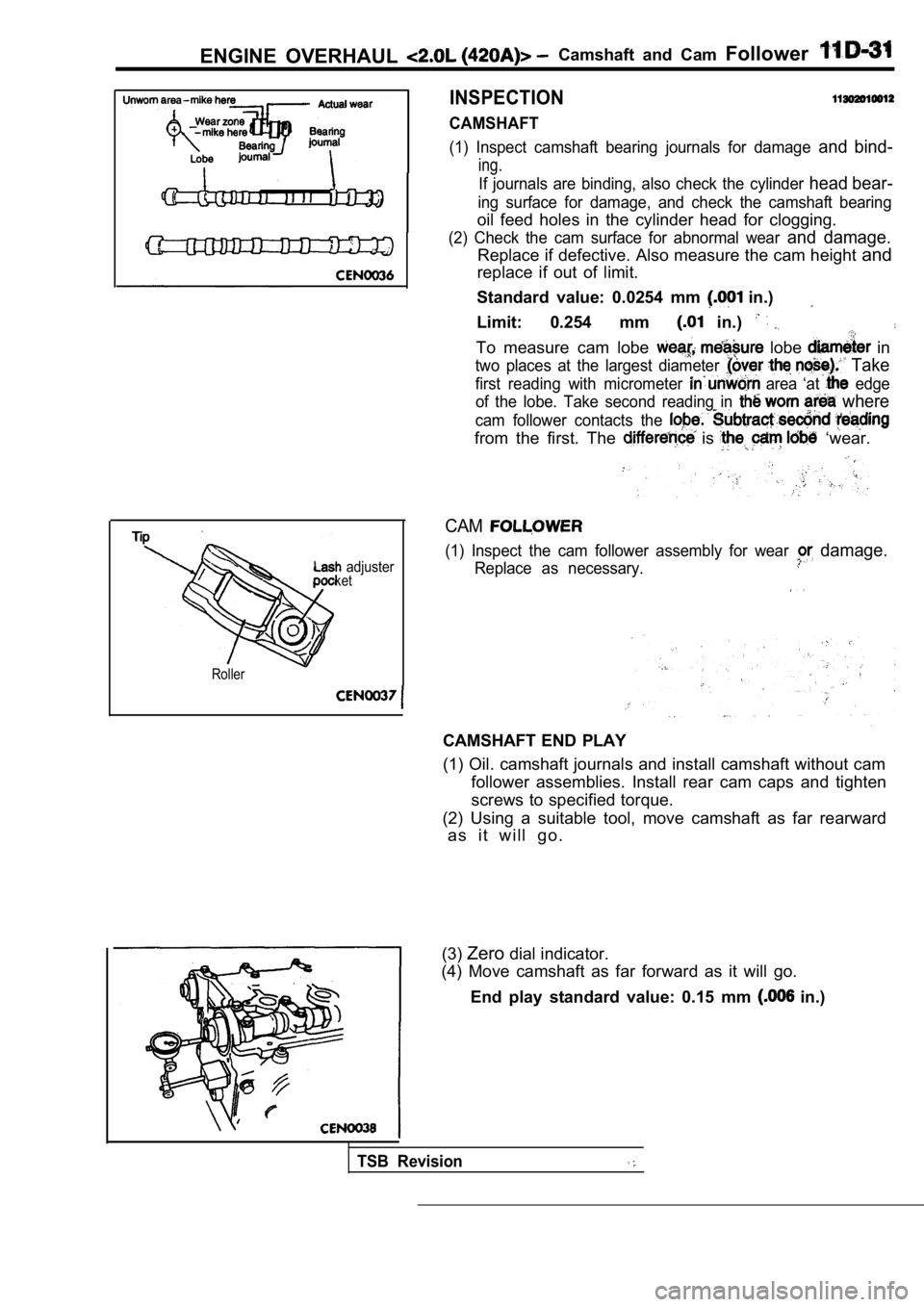 MITSUBISHI SPYDER 1990  Service Repair Manual (1)  Inspect  camshaft  bearing  journals  for  damage and  bind-
ing.
If  journals  are  binding,  also  check  the  cylinder head bear-
ing  surface  for  damage,  and  check  the  camshaft  bearing