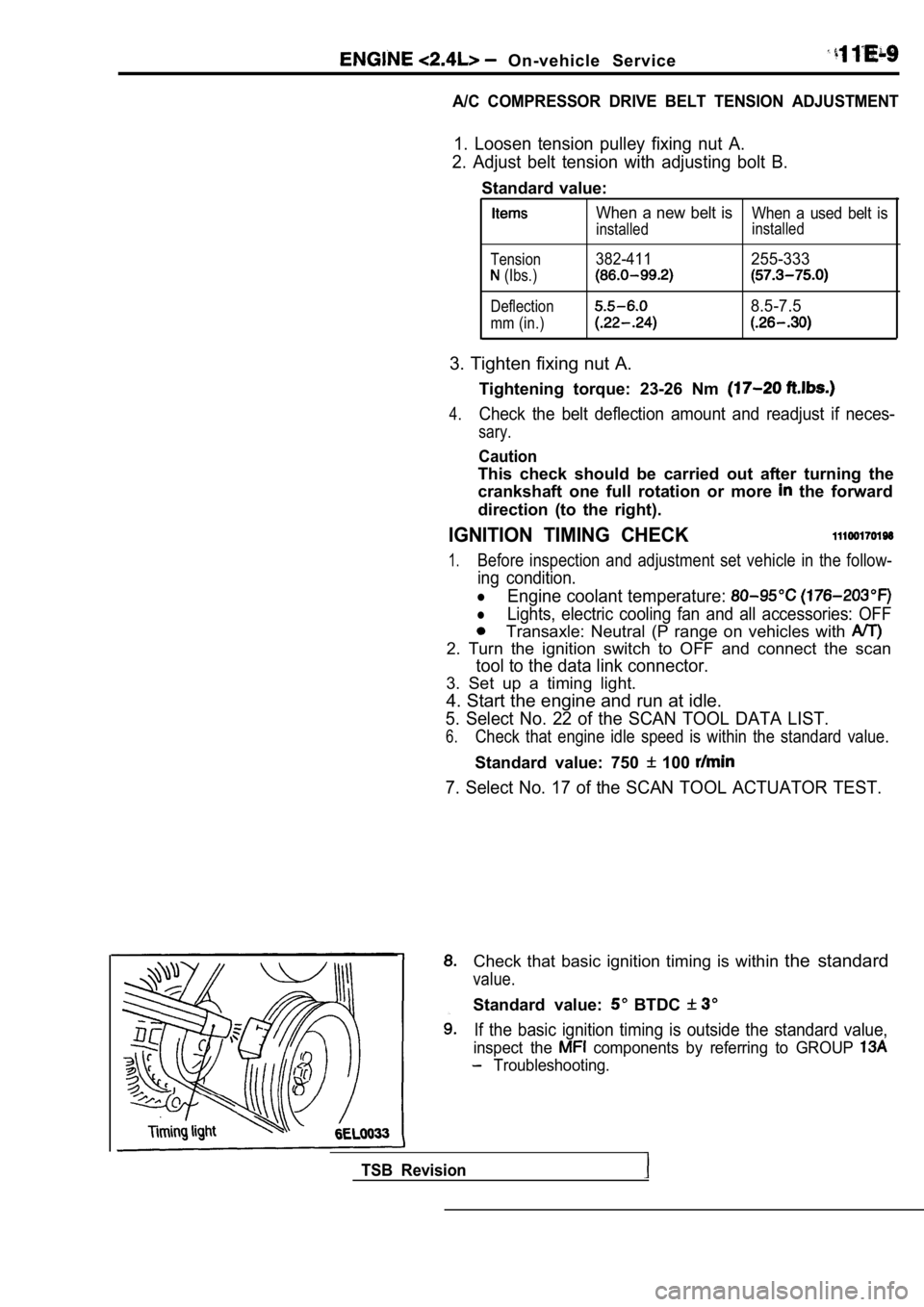 MITSUBISHI SPYDER 1990 Service Repair Manual On-vehicle Service
A/C COMPRESSOR DRIVE BELT TENSION ADJUSTMENT
1. Loosen tension pulley fixing nut A.
2. Adjust belt tension with adjusting bolt B.
Standard value:
When a new MITSUBISHI SPYDER 1990 Service Repair Manual On-vehicle Service
A/C COMPRESSOR DRIVE BELT TENSION ADJUSTMENT
1. Loosen tension pulley fixing nut A.
2. Adjust belt tension with adjusting bolt B.
Standard value:
When a new