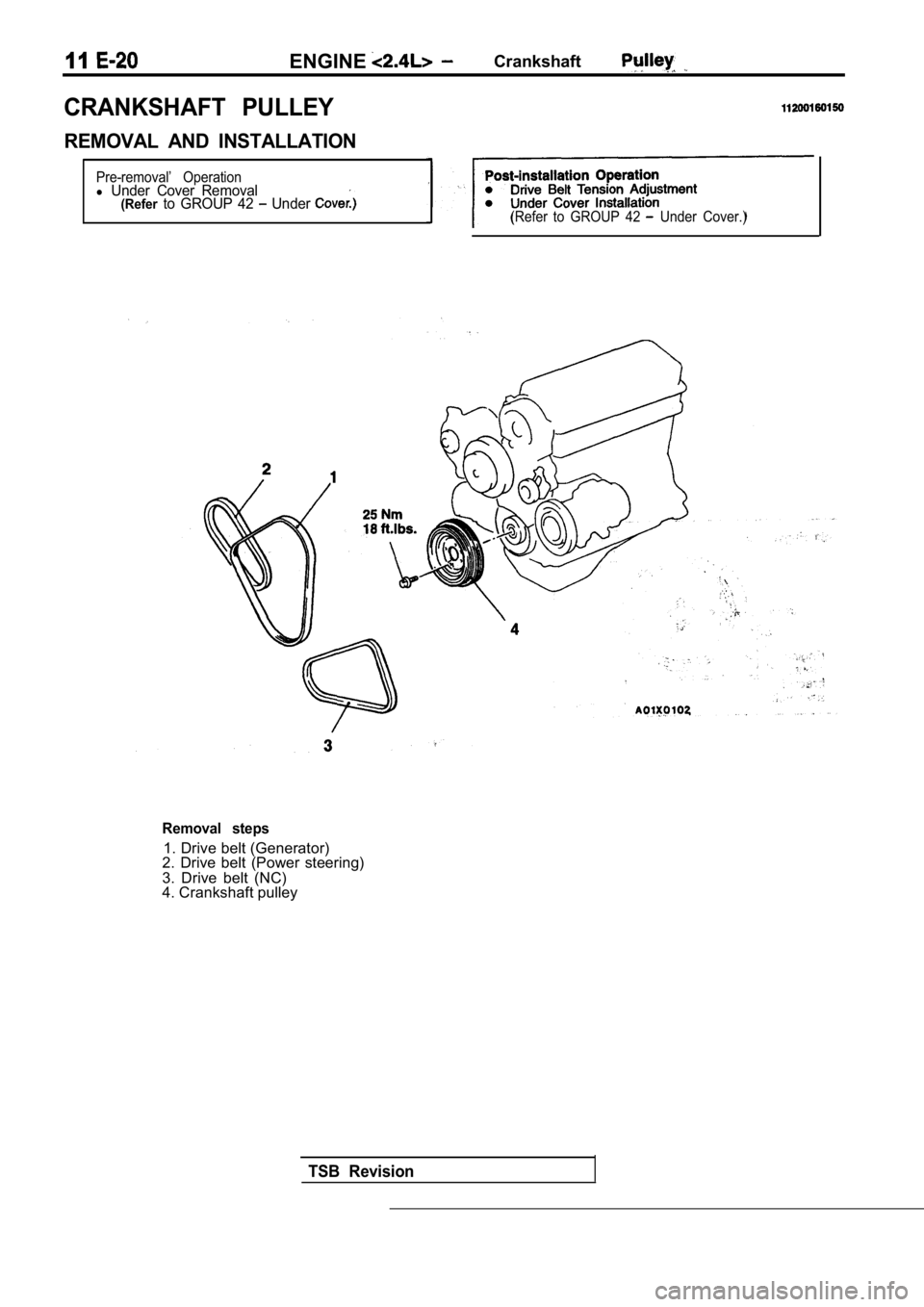 MITSUBISHI SPYDER 1990 Service Repair Manual 11ENGINE Crankshaft
CRANKSHAFT PULLEY
REMOVAL AND INSTALLATION
Pre-removal’ Operationl Under Cover Removal(Referto GROUP 42 Under (Refer to GROUP 42 Under Cover.)
TSB Revision
Rem MITSUBISHI SPYDER 1990 Service Repair Manual 11ENGINE Crankshaft
CRANKSHAFT PULLEY
REMOVAL AND INSTALLATION
Pre-removal’ Operationl Under Cover Removal(Referto GROUP 42 Under (Refer to GROUP 42 Under Cover.)
TSB Revision
Rem