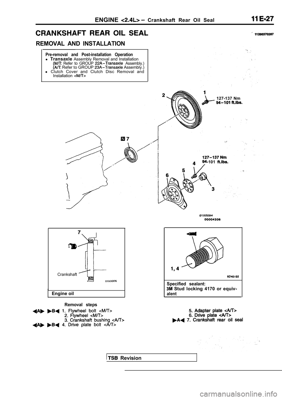 MITSUBISHI SPYDER 1990  Service Repair Manual ENGINECrankshaft  Rear  Oil  Seal
REMOVAL  AND  INSTALLATION
Pre-removal  and  Post-installation  Operationl Transaxle Assembly Removal and Installation  Refer  to  GROUP   Assembly.) Refer to GROUP  