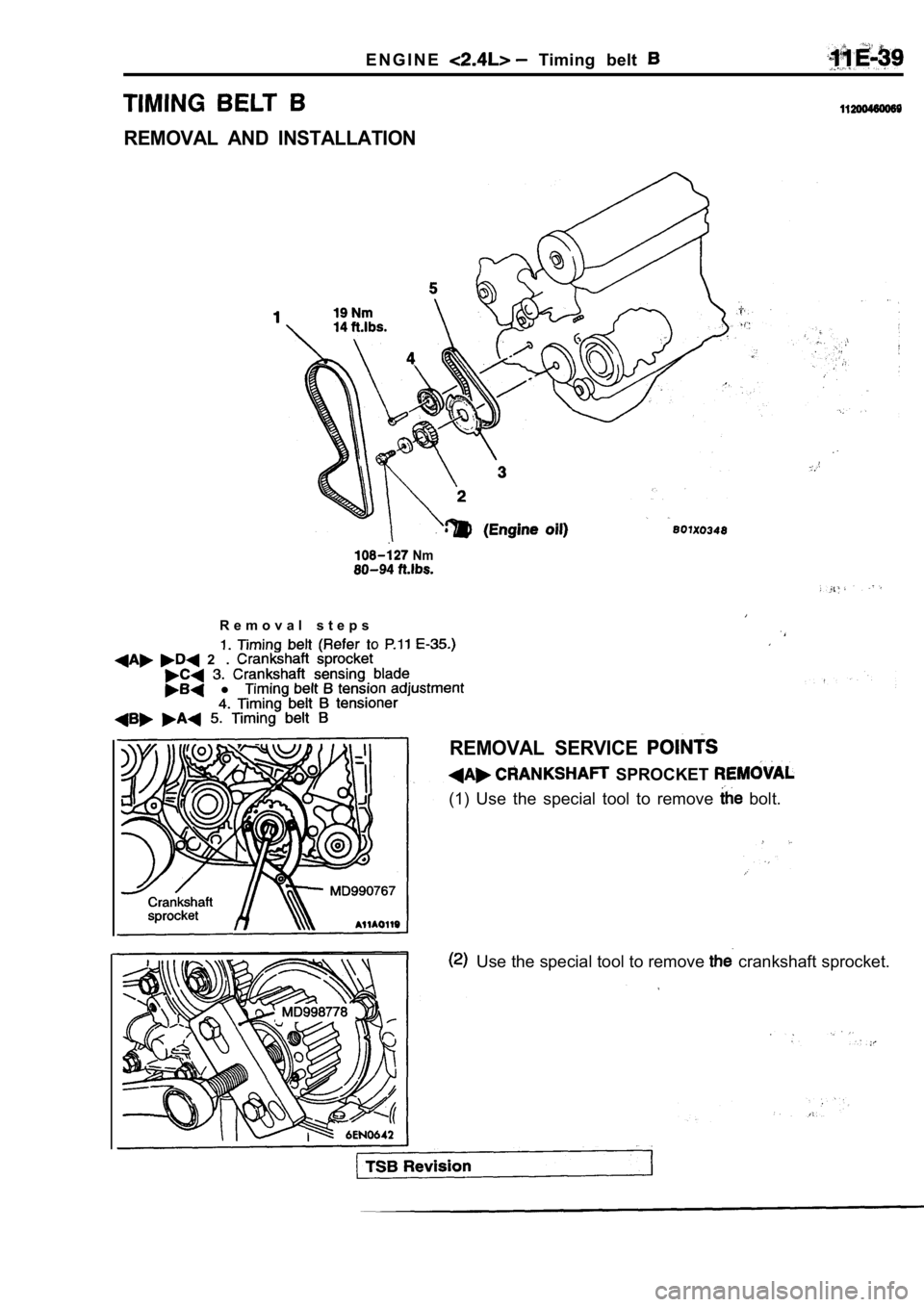MITSUBISHI SPYDER 1990  Service Repair Manual E N G I N E  Timing  belt 
REMOVAL  AND  INSTALLATION
  Nm
R e m o v a l   s t e p s
  2 .  
  l 
REMOVAL  SERVICE 
  SPROCKET 
(1)  Use  the  special  tool  to  remove   bolt.
Use the special tool to