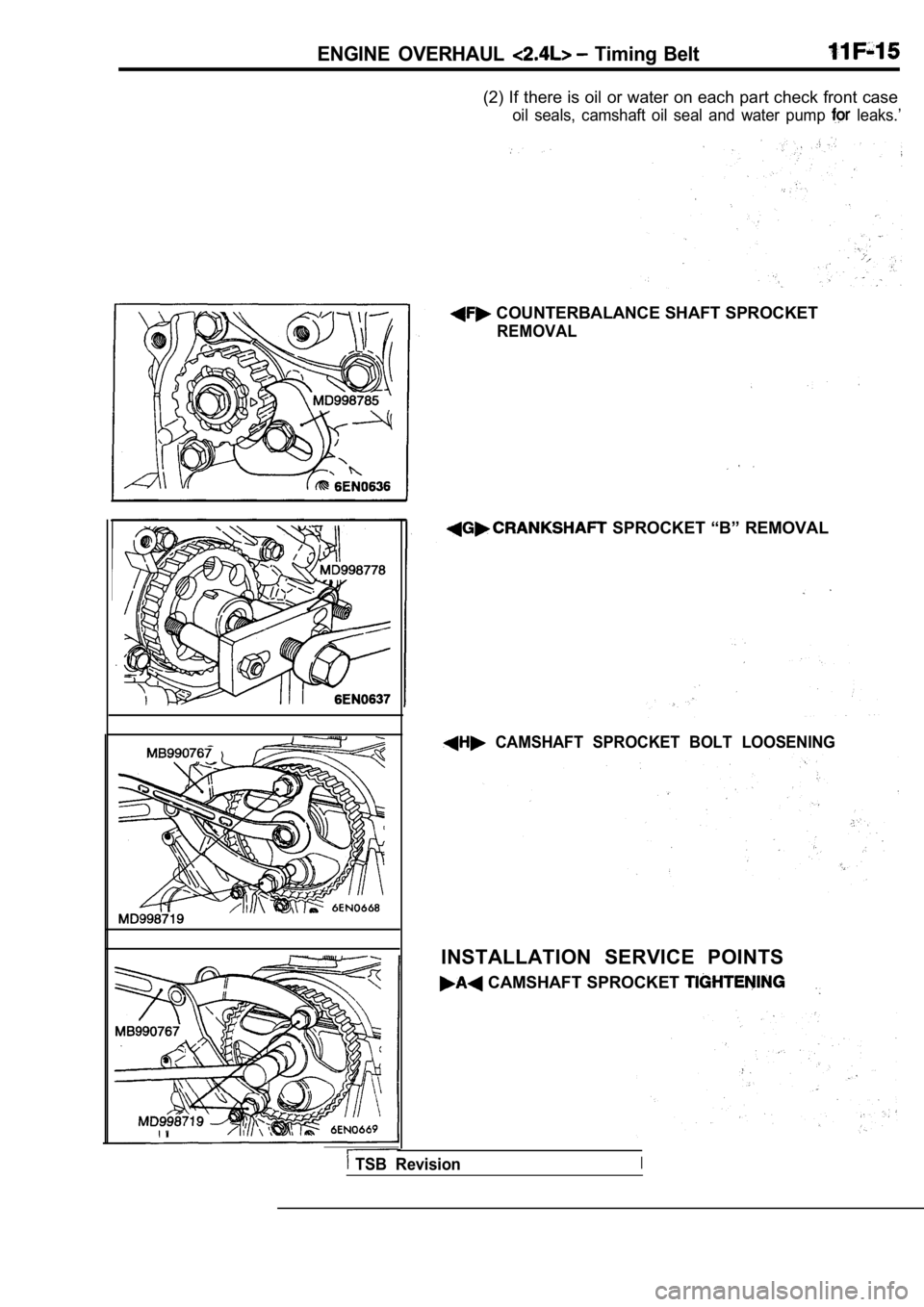MITSUBISHI SPYDER 1990  Service Repair Manual ENGINE  OVERHAUL   Timing  Belt
(2) If there is oil or water on each part check front case
oil  seals,  camshaft  oil  seal  and  water  pump   leaks.’
 COUNTERBALANCE SHAFT SPROCKET
REMOVAL
  SPROC