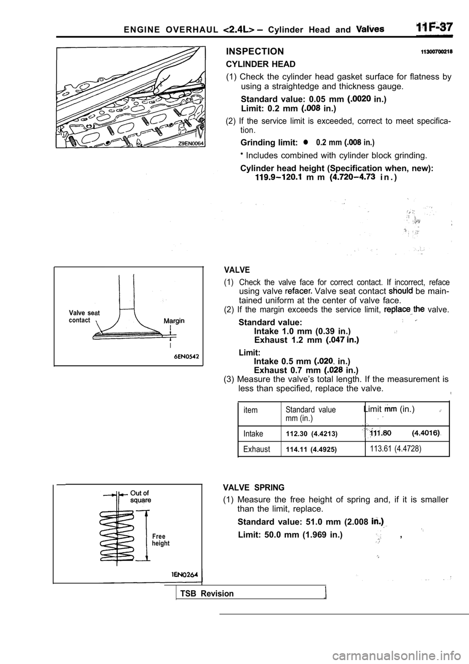 MITSUBISHI SPYDER 1990 Service Repair Manual E N G I N E O V E R H A U L Cylinder Head and
Valve seatcontact
I
Free
height
INSPECTION
CYLINDER HEAD (1) Check the cylinder head gasket surface for flat ness by
using a straight MITSUBISHI SPYDER 1990 Service Repair Manual E N G I N E O V E R H A U L Cylinder Head and
Valve seatcontact
I
Free
height
INSPECTION
CYLINDER HEAD (1) Check the cylinder head gasket surface for flat ness by
using a straight