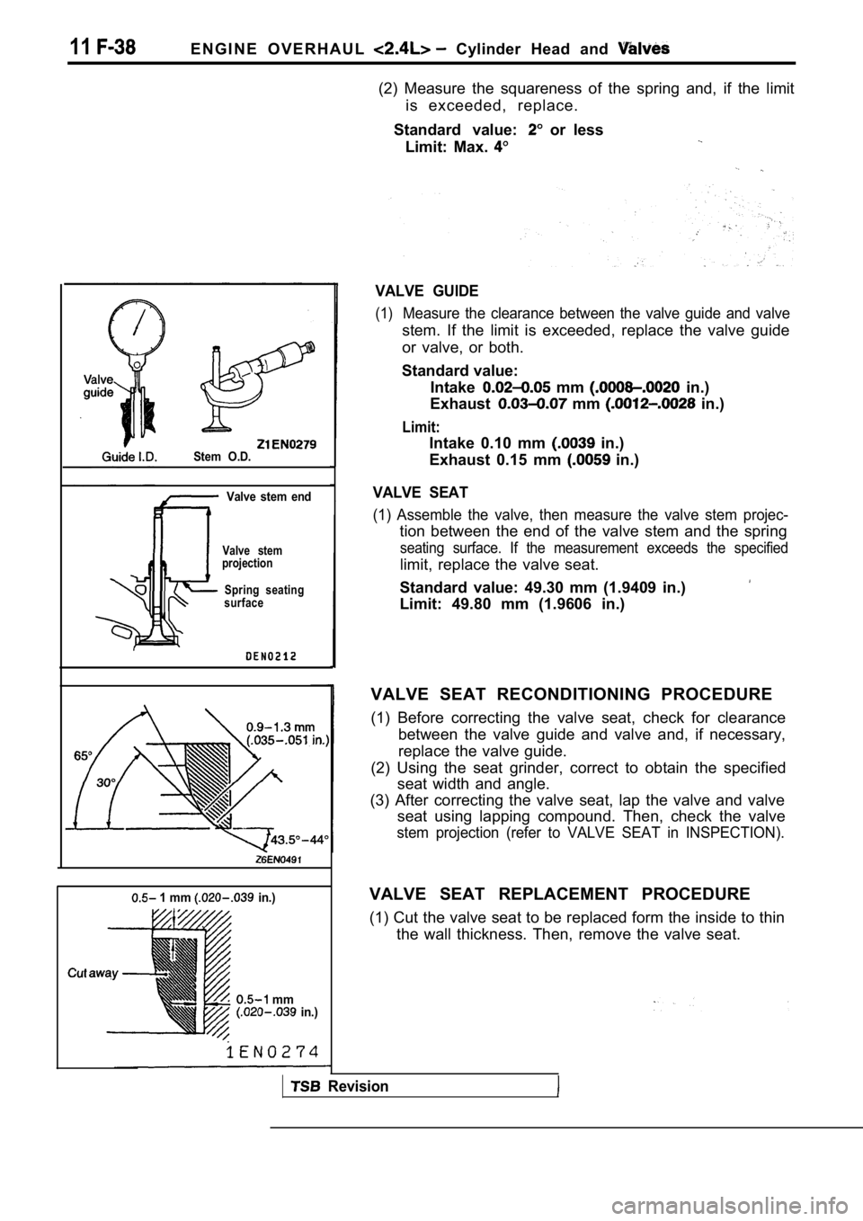 MITSUBISHI SPYDER 1990 Service Repair Manual 11E N G I N E O V E R H A U L Cylinder Head and
Stem O.D.Valve stem end
Valve stem
projection
Spring seating
surface
1 mm in.)
mm in.)
(2) Measure the squareness of the spring MITSUBISHI SPYDER 1990 Service Repair Manual 11E N G I N E O V E R H A U L Cylinder Head and
Stem O.D.Valve stem end
Valve stem
projection
Spring seating
surface
1 mm in.)
mm in.)
(2) Measure the squareness of the spring