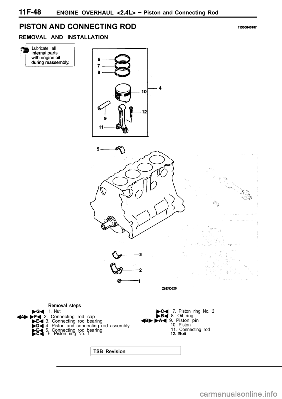 MITSUBISHI SPYDER 1990 Service Repair Manual ENGINE OVERHAUL Piston and Connecting Rod
PISTON AND CONNECTING ROD
REMOVAL AND INSTALLATION
Lubricate allI
Removal steps
1.Nut
2. Connecting rod cap 3. Connecting rod bearing 4. MITSUBISHI SPYDER 1990 Service Repair Manual ENGINE OVERHAUL Piston and Connecting Rod
PISTON AND CONNECTING ROD
REMOVAL AND INSTALLATION
Lubricate allI
Removal steps
1.Nut
2. Connecting rod cap 3. Connecting rod bearing 4.