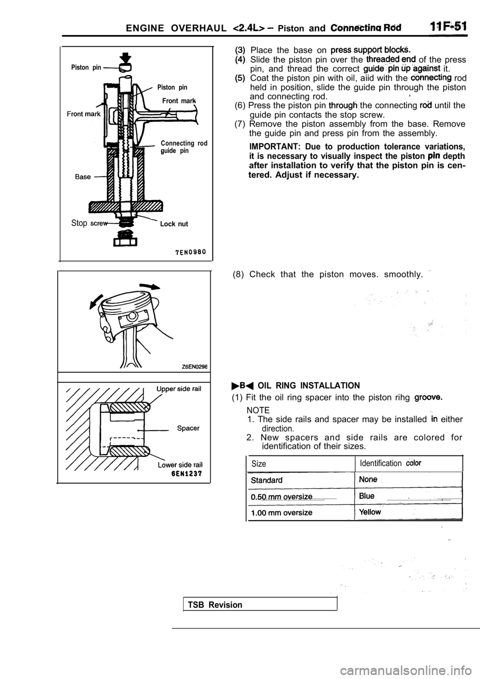 MITSUBISHI SPYDER 1990 Service Repair Manual ENGINE OVERHAUL Piston and
Piston pin
Piston pin
Front mark
Stop Lock nut
Connecting rod
guide pin
Place the base on
Slide the piston pin over the of the press
pin, and thread MITSUBISHI SPYDER 1990 Service Repair Manual ENGINE OVERHAUL Piston and
Piston pin
Piston pin
Front mark
Stop Lock nut
Connecting rod
guide pin
Place the base on
Slide the piston pin over the of the press
pin, and thread