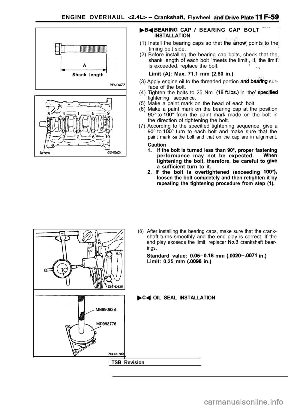 MITSUBISHI SPYDER 1990 Service Repair Manual E N G I N E O V E R H A U L Flywheel
S h a n k l e n g t h
Arrow
CAP B E A R I N G C A P B O L T
INSTALLATION
(1) Install the bearing caps so that points to the
timing b MITSUBISHI SPYDER 1990 Service Repair Manual E N G I N E O V E R H A U L Flywheel
S h a n k l e n g t h
Arrow
CAP B E A R I N G C A P B O L T
INSTALLATION
(1) Install the bearing caps so that points to the
timing b