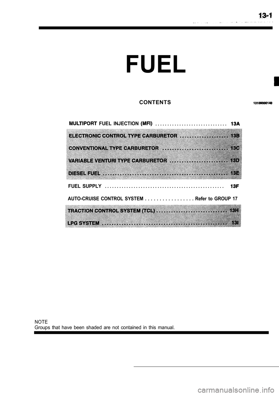 MITSUBISHI SPYDER 1990 Service Repair Manual FUEL
CONTENTS
FUEL INJECTION . . . . . . . . . . . . . . . . . . . . . . . . . . . . . .
FUEL SUPPLY. . . . . . . . . . . . . . . . . . . . . . . . . . . . . . . . . . . . . . . . . . . . . . . . MITSUBISHI SPYDER 1990 Service Repair Manual FUEL
CONTENTS
FUEL INJECTION . . . . . . . . . . . . . . . . . . . . . . . . . . . . . .
FUEL SUPPLY. . . . . . . . . . . . . . . . . . . . . . . . . . . . . . . . . . . . . . . . . . . . . . . .