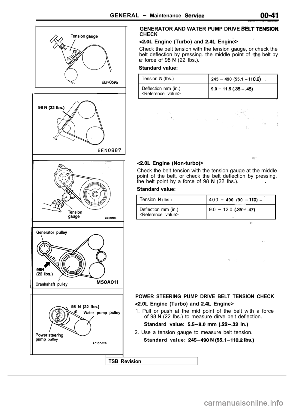 MITSUBISHI SPYDER 1990 Service Service Manual GENERAL Maintenance
Generator pulley
Crankshaft
Water pump
pump
GENERATOR AND WATER PUMP DRIVE
CHECK
Engine (Turbo) and Engine>
Check the belt tension with the tension gauge, or c heck the
MITSUBISHI SPYDER 1990 Service Service Manual GENERAL Maintenance
Generator pulley
Crankshaft
Water pump
pump
GENERATOR AND WATER PUMP DRIVE
CHECK
Engine (Turbo) and Engine>
Check the belt tension with the tension gauge, or c heck the