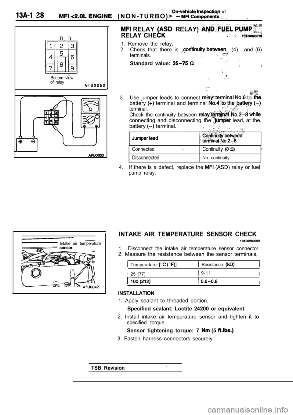 MITSUBISHI SPYDER 1990  Service Repair Manual  28  of
  ( N O N - T U R B O ) >  
Bottom  view
of  relay
I
Intake  air  temperature
 RELAY RELAY)
RELAY  CHE.
1.  Remove  the  relay.
2.Check  that  there  is   (4)  ,  and  (6)
terminals..
Standard