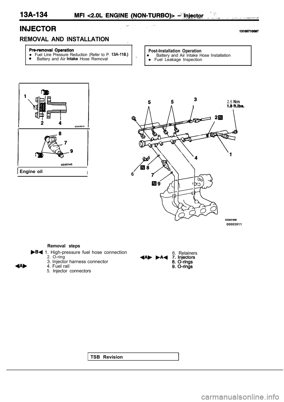 MITSUBISHI SPYDER 1990  Service Repair Manual REMOVAL  AND  INSTALLATION
l Fuel  Line  Pressure  Reduction  (Refer  to  P. Post-Installation  Operation
Battery  and  Air   Hose  RemovallBattery  and  Air  Intake  Hose  Installationl Fuel  Leakage