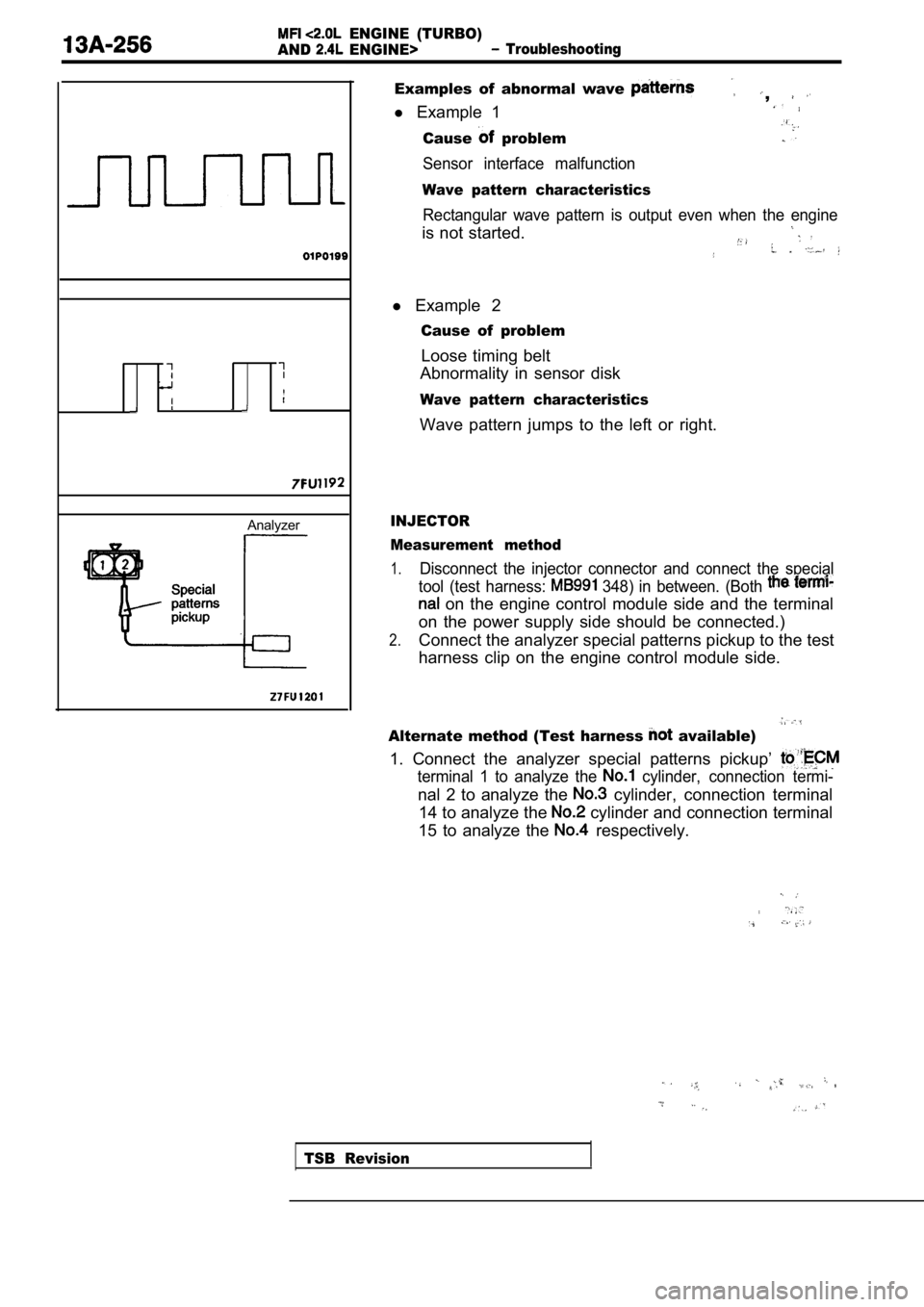 MITSUBISHI SPYDER 1990  Service Repair Manual   ENGINE  (TURBO)
AND
  ENGINE>  Troubleshooting
Analyzer
Examples  of  abnormal  wave ,
l  Example  1
Cause  problem
Sensor  interface  malfunction
Wave  pattern  characteristics
Rectangular  wave  p
