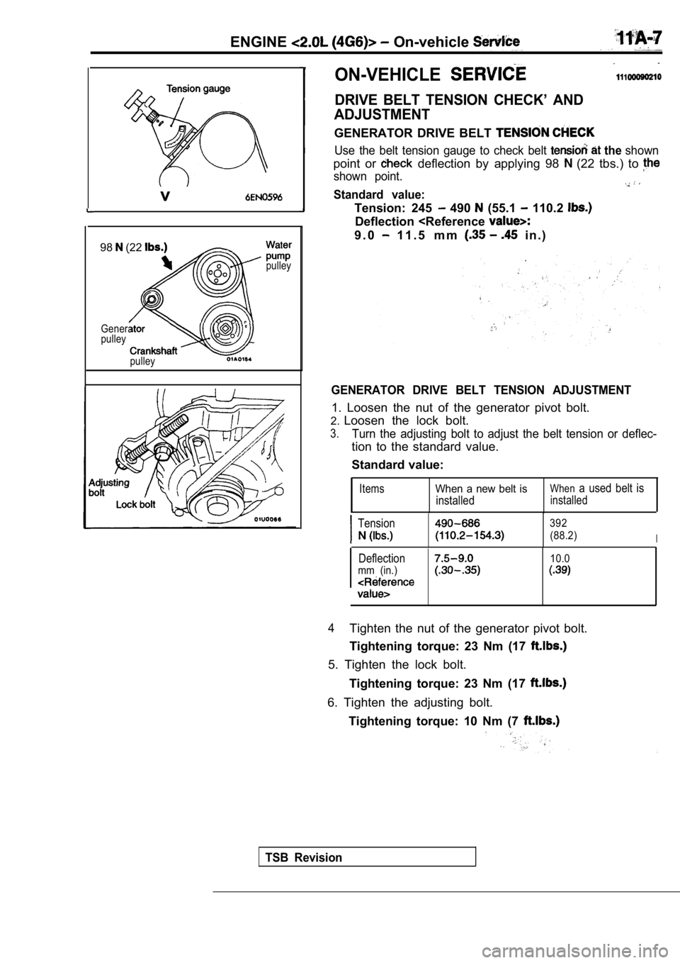 MITSUBISHI SPYDER 1990 Service Manual PDF ENGINE On-vehicle
98 (22
Generator
pulley
pulley
v
pulley
ON-VEHICLE
DRIVE BELT TENSION CHECK’ AND
ADJUSTMENT
GENERATOR DRIVE BELT
Use the belt tension gauge to check belt the show MITSUBISHI SPYDER 1990 Service Manual PDF ENGINE On-vehicle
98 (22
Generator
pulley
pulley
v
pulley
ON-VEHICLE
DRIVE BELT TENSION CHECK’ AND
ADJUSTMENT
GENERATOR DRIVE BELT
Use the belt tension gauge to check belt the show