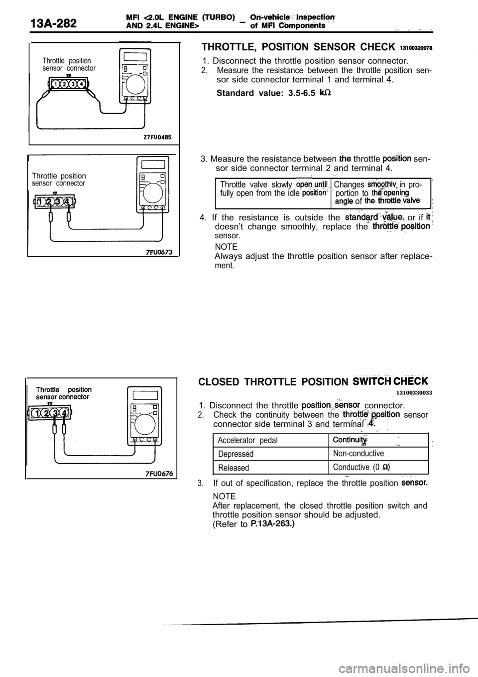MITSUBISHI SPYDER 1990 Service Repair Manual Throttle position
sensor connector
Throttle positionsensor connector
THROTTLE, POSITION SENSOR CHECK
1. Disconnect the throttle position sensor connector.
2.Measure the resistance be MITSUBISHI SPYDER 1990 Service Repair Manual Throttle position
sensor connector
Throttle positionsensor connector
THROTTLE, POSITION SENSOR CHECK
1. Disconnect the throttle position sensor connector.
2.Measure the resistance be