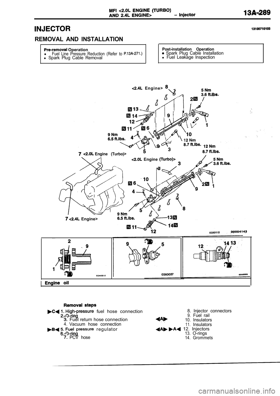 MITSUBISHI SPYDER 1990 Service Repair Manual REMOVAL AND INSTALLATION
Operation
lFuel Line Pressure Reduction (Refer to l Spark Plug Cable Removal
Post-installation Operation Spark Plug Cable Installationl Fuel Leakage Inspecti MITSUBISHI SPYDER 1990 Service Repair Manual REMOVAL AND INSTALLATION
Operation
lFuel Line Pressure Reduction (Refer to l Spark Plug Cable Removal
Post-installation Operation Spark Plug Cable Installationl Fuel Leakage Inspecti