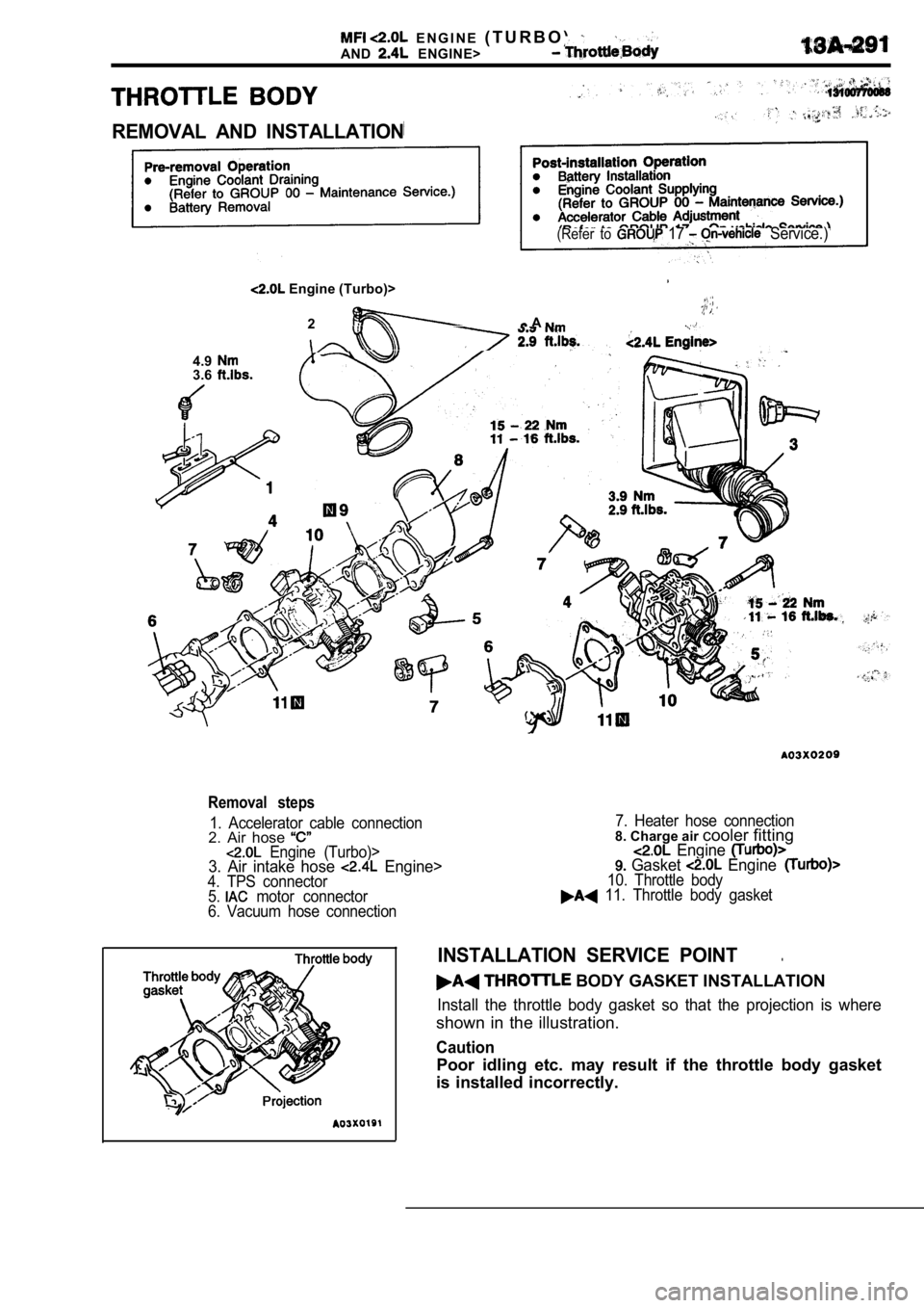 MITSUBISHI SPYDER 1990  Service Repair Manual   E N G I N E  ( T U R B O )
AND  ENGINE>
REMOVAL  AND  INSTALLATION
(Refer  to   17   Service.)
 Engine (Turbo)>
2 A . . 
4.93.6
Removal  steps
1.  Accelerator  cable  connection2.  Air  hose   Engin
