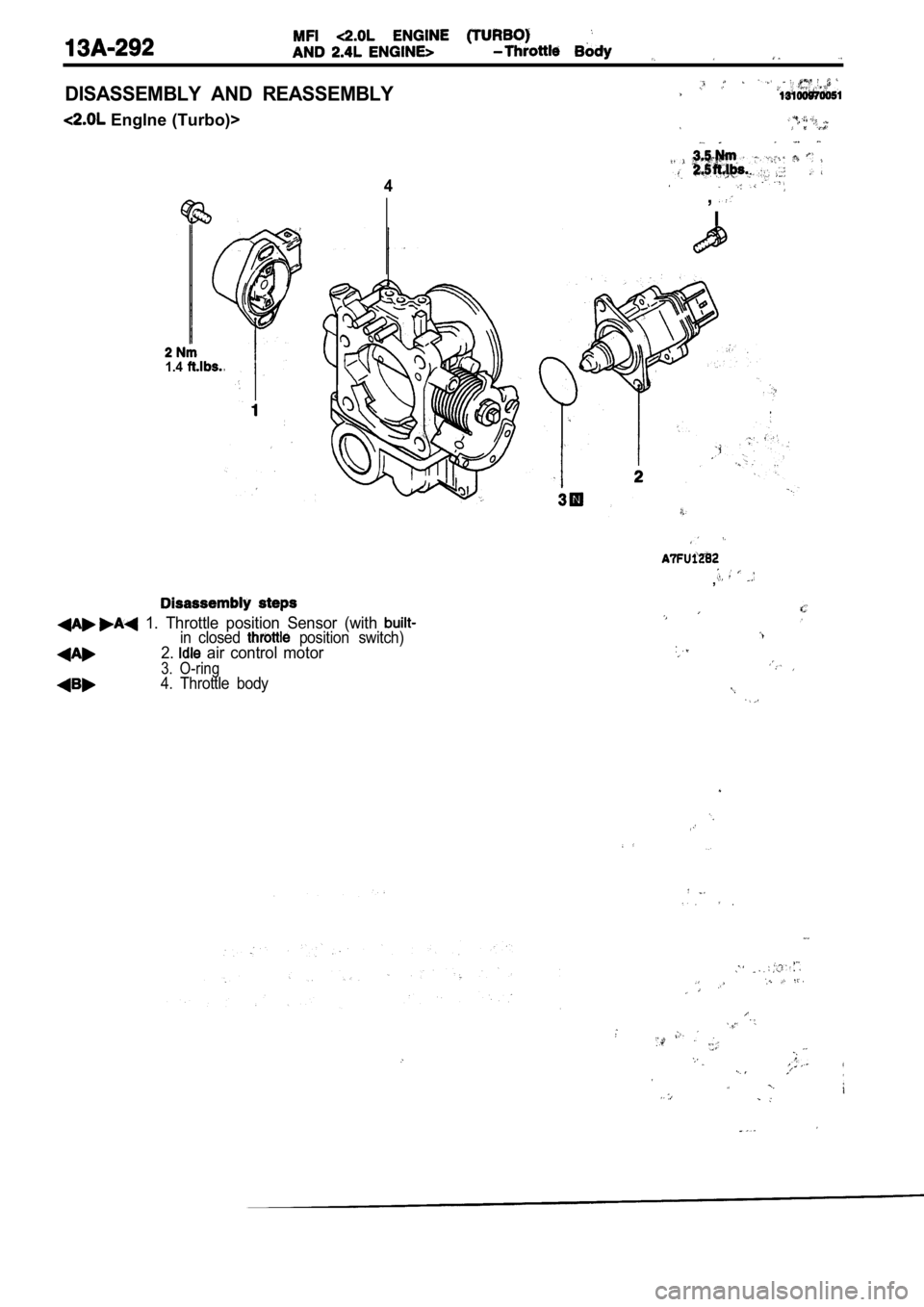 MITSUBISHI SPYDER 1990  Service Repair Manual DISASSEMBLY  AND  REASSEMBLY
 Englne (Turbo)>
4
1.4
,
I
  1.  Throttle  position  Sensor  (with in  closed   position  switch)2.  air  control  motor
3.  O-ring4.  Throttle  body
,             