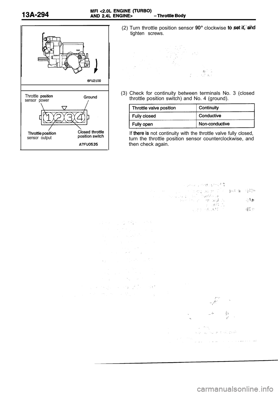 MITSUBISHI SPYDER 1990  Service Repair Manual Throttlesensor  powersensor  output
(2)  Turn  throttle  position  sensor   clockwise 
tighten  screws.
(3)  Check  for  continuity  between  terminals  No.  3  (c losed
throttle  position  switch)  a