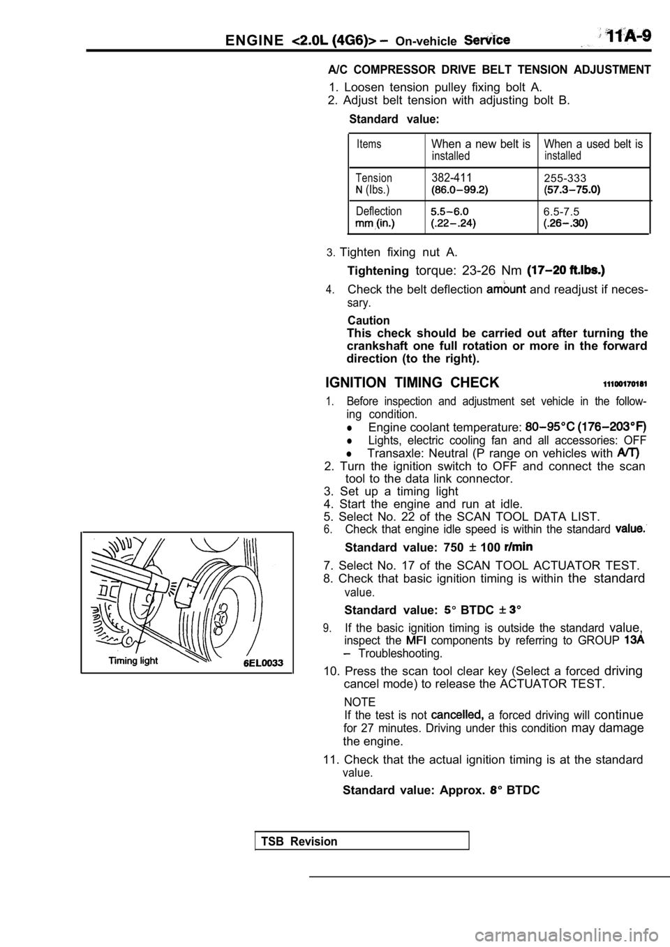 MITSUBISHI SPYDER 1990 Service Manual PDF ENGINE On-vehicle
A/C COMPRESSOR DRIVE BELT TENSION ADJUSTMENT
1. Loosen tension pulley fixing bolt A.
2. Adjust belt tension with adjusting bolt B.
Standard value:
Items
Tension
MITSUBISHI SPYDER 1990 Service Manual PDF ENGINE On-vehicle
A/C COMPRESSOR DRIVE BELT TENSION ADJUSTMENT
1. Loosen tension pulley fixing bolt A.
2. Adjust belt tension with adjusting bolt B.
Standard value:
Items
Tension