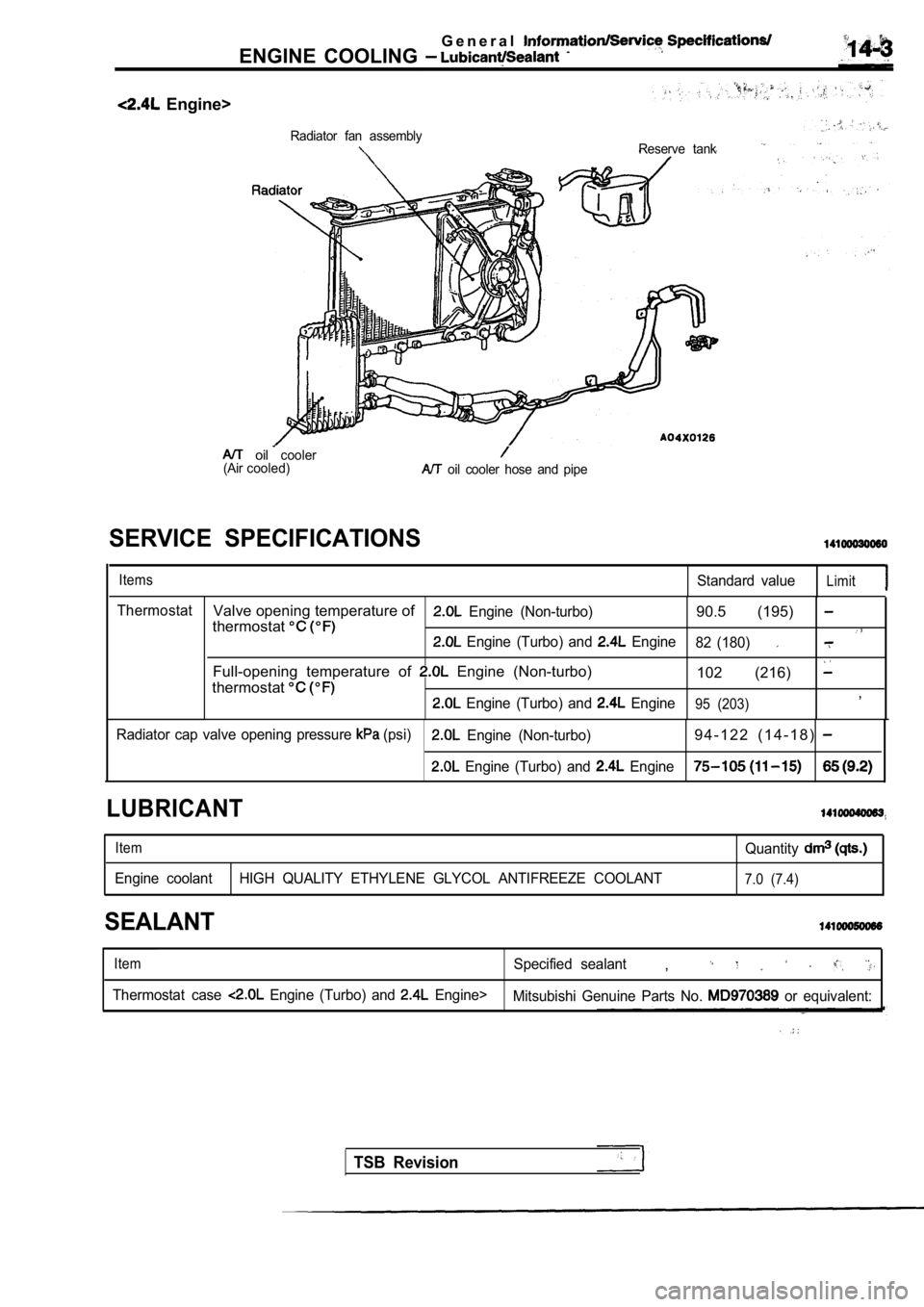 MITSUBISHI SPYDER 1990 Service Repair Manual G e n e r a l
ENGINE COOLING
Engine>
Radiator fan assemblyReserve tank
(Airoilcooler
cooled) oil cooler hose and pipe
SERVICE SPECIFICATIONS
ItemsStandard valueLimit
ThermostatValve open MITSUBISHI SPYDER 1990 Service Repair Manual G e n e r a l
ENGINE COOLING
Engine>
Radiator fan assemblyReserve tank
(Airoilcooler
cooled) oil cooler hose and pipe
SERVICE SPECIFICATIONS
ItemsStandard valueLimit
ThermostatValve open