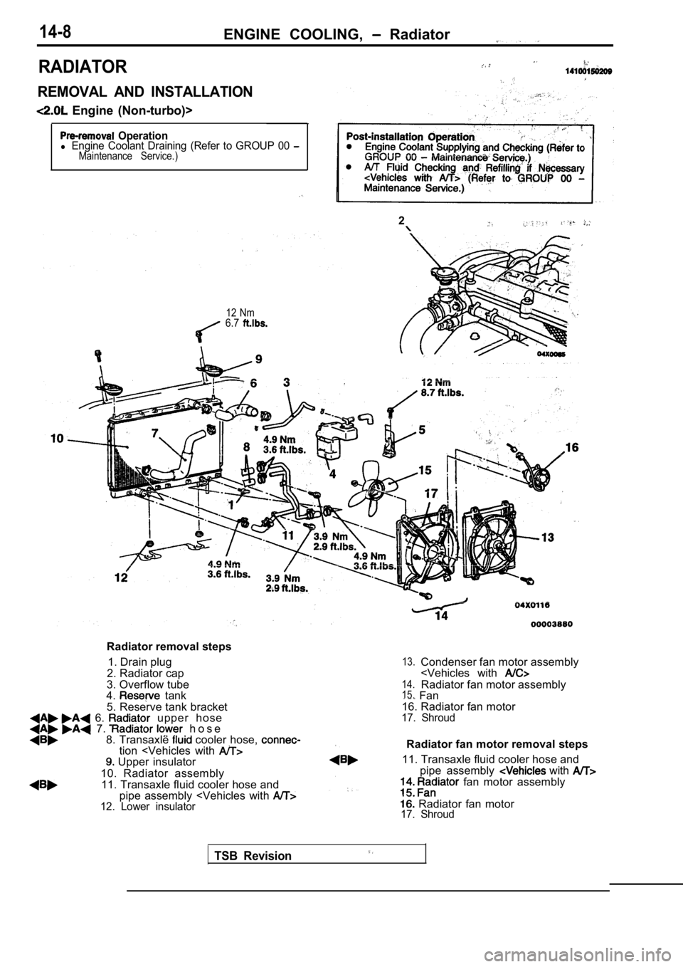 MITSUBISHI SPYDER 1990 Service Repair Manual 14-8ENGINE COOLING, Radiator
RADIATOR
REMOVAL AND INSTALLATION
Engine (Non-turbo)>
Operationl Engine Coolant Draining (Refer to GROUP 00 Maintenance Service.)
2
12 Nm6.7
Radiator rem MITSUBISHI SPYDER 1990 Service Repair Manual 14-8ENGINE COOLING, Radiator
RADIATOR
REMOVAL AND INSTALLATION
Engine (Non-turbo)>
Operationl Engine Coolant Draining (Refer to GROUP 00 Maintenance Service.)
2
12 Nm6.7
Radiator rem