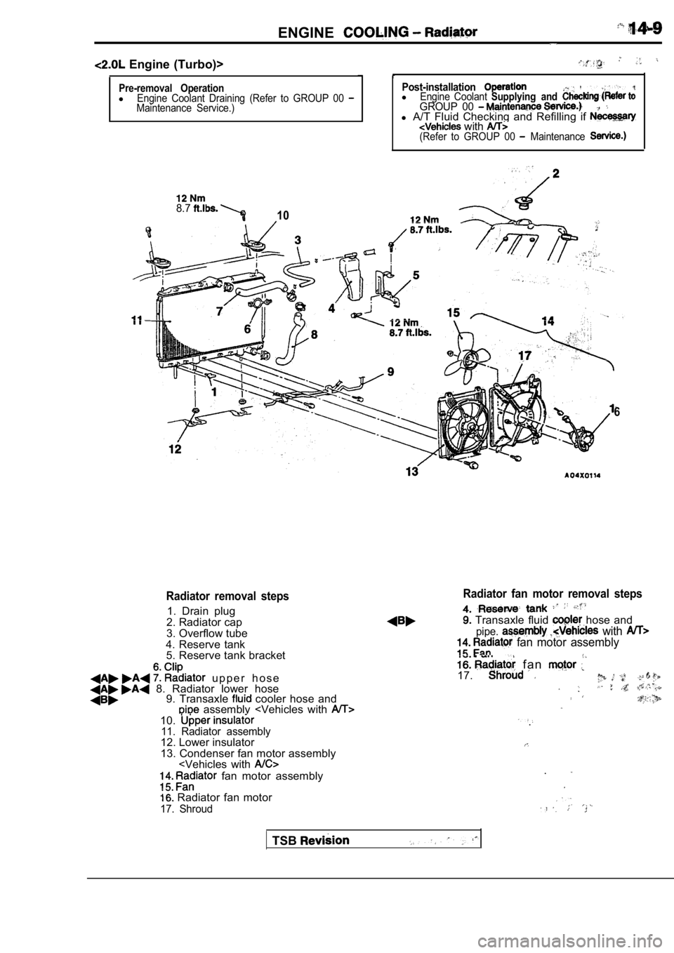 MITSUBISHI SPYDER 1990 Service Repair Manual ENGINE
Engine (Turbo)>
Pre-removal OperationlEngine Coolant Draining (Refer to GROUP 00 Maintenance Service.)
Post-installation.
lEngine Coolant Supplying and GROUP 00 l A/T Fluid Chec MITSUBISHI SPYDER 1990 Service Repair Manual ENGINE
Engine (Turbo)>
Pre-removal OperationlEngine Coolant Draining (Refer to GROUP 00 Maintenance Service.)
Post-installation.
lEngine Coolant Supplying and GROUP 00 l A/T Fluid Chec